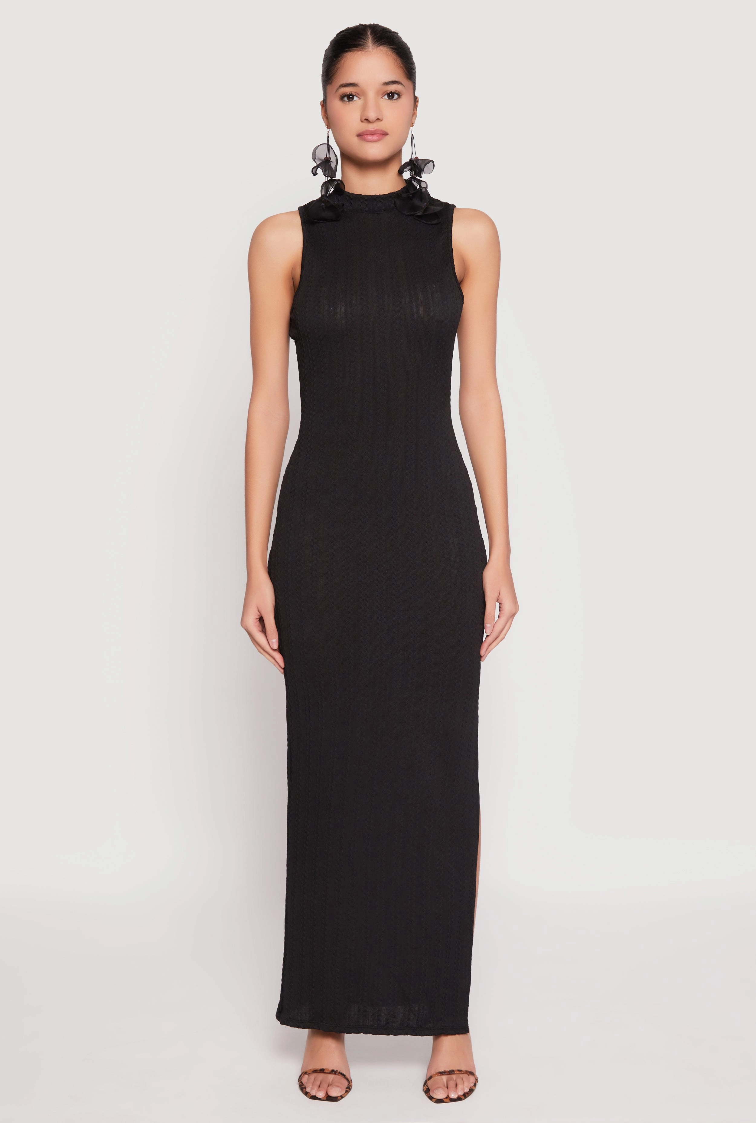 Textured Knit Turtleneck Maxi Dress Comfort Mode Odor-Control