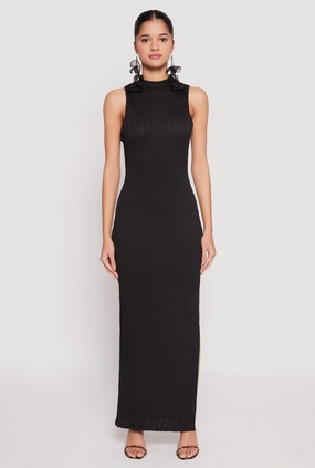 Textured Knit Turtleneck Maxi Dress Comfort Mode Odor-Control