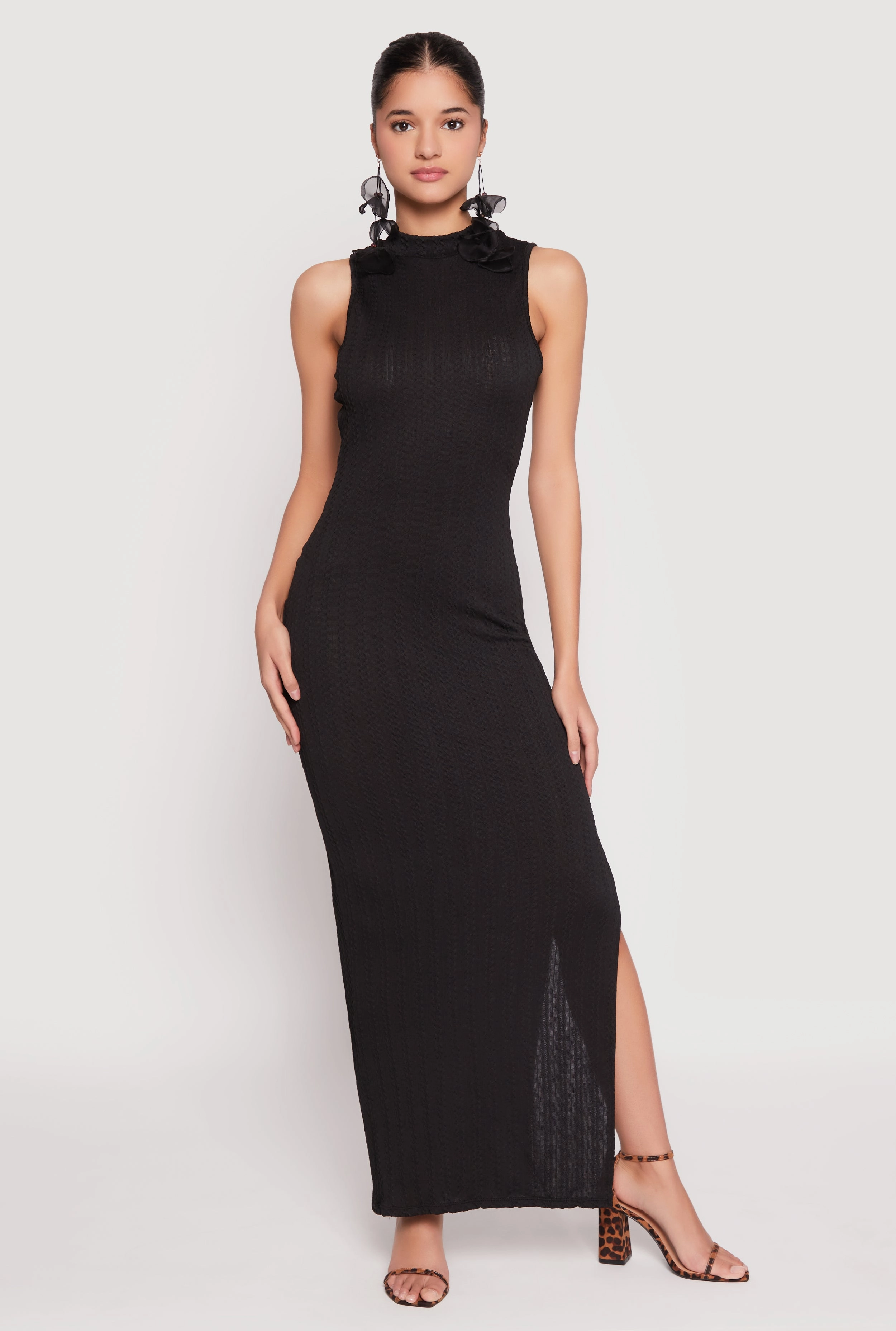 Textured Knit Turtleneck Maxi Dress Convertible-Style High Hemline