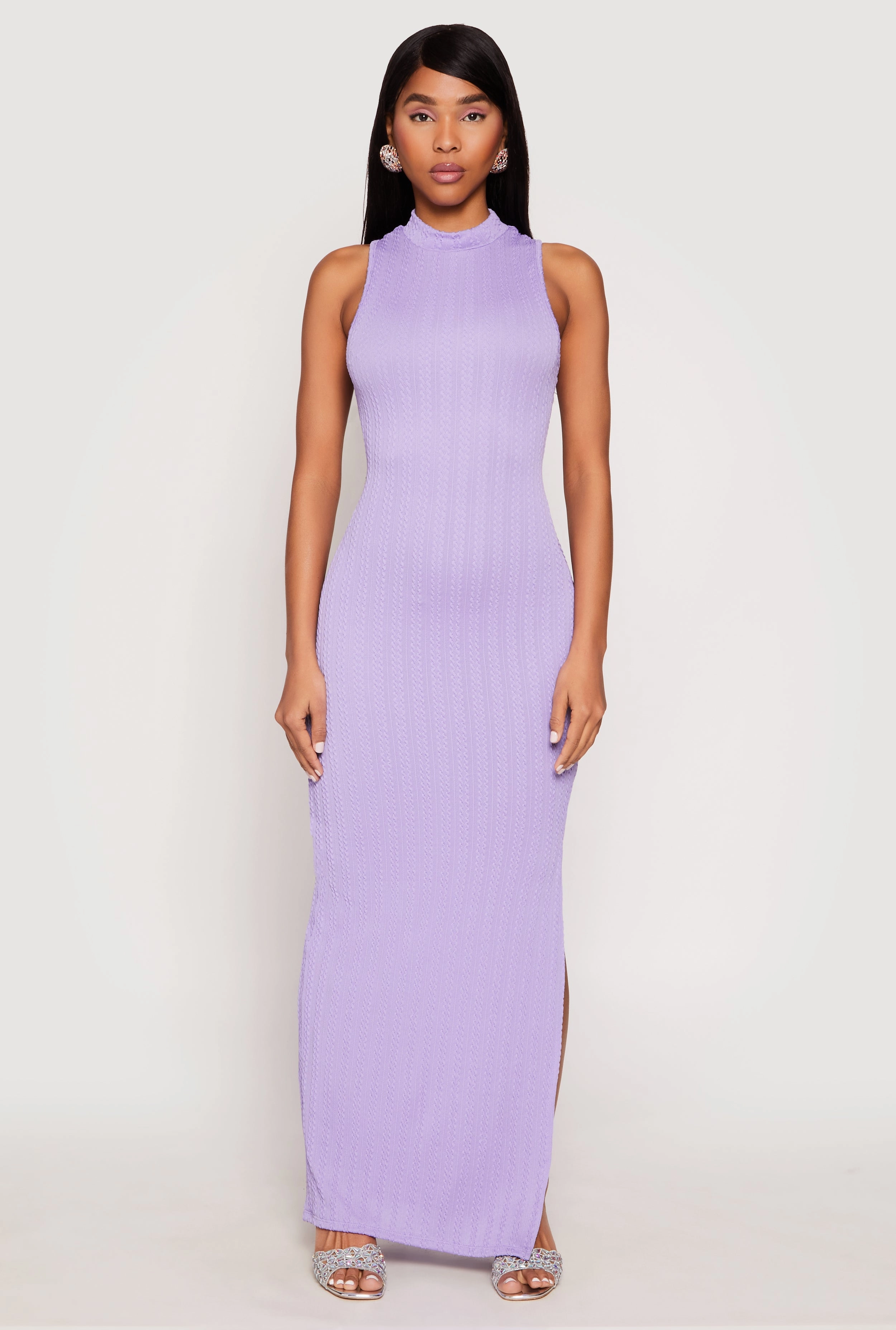 Minimal Detail Textured Knit Turtleneck Maxi Dress