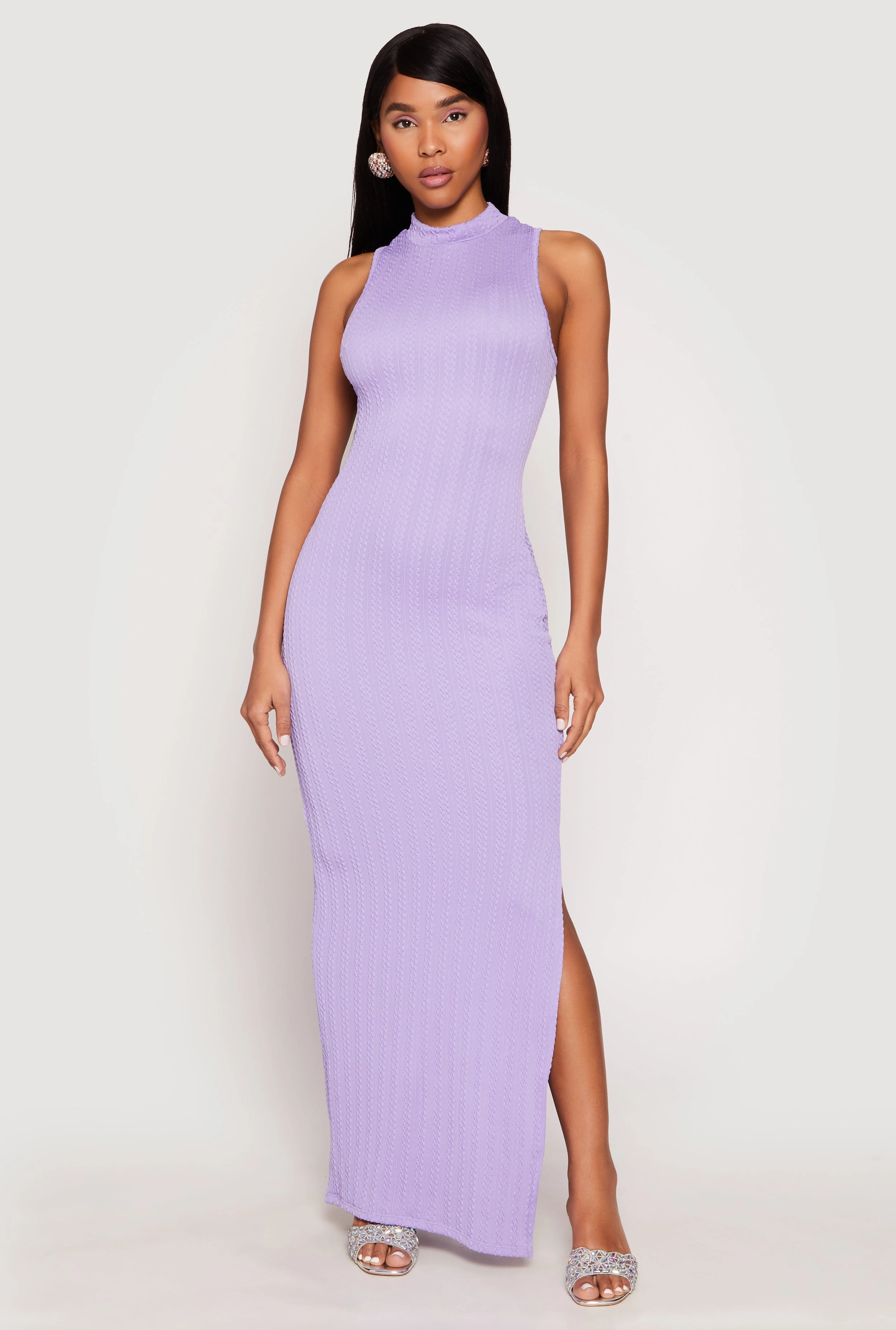 Night Ready Button-Cuff Textured Knit Turtleneck Maxi Dress