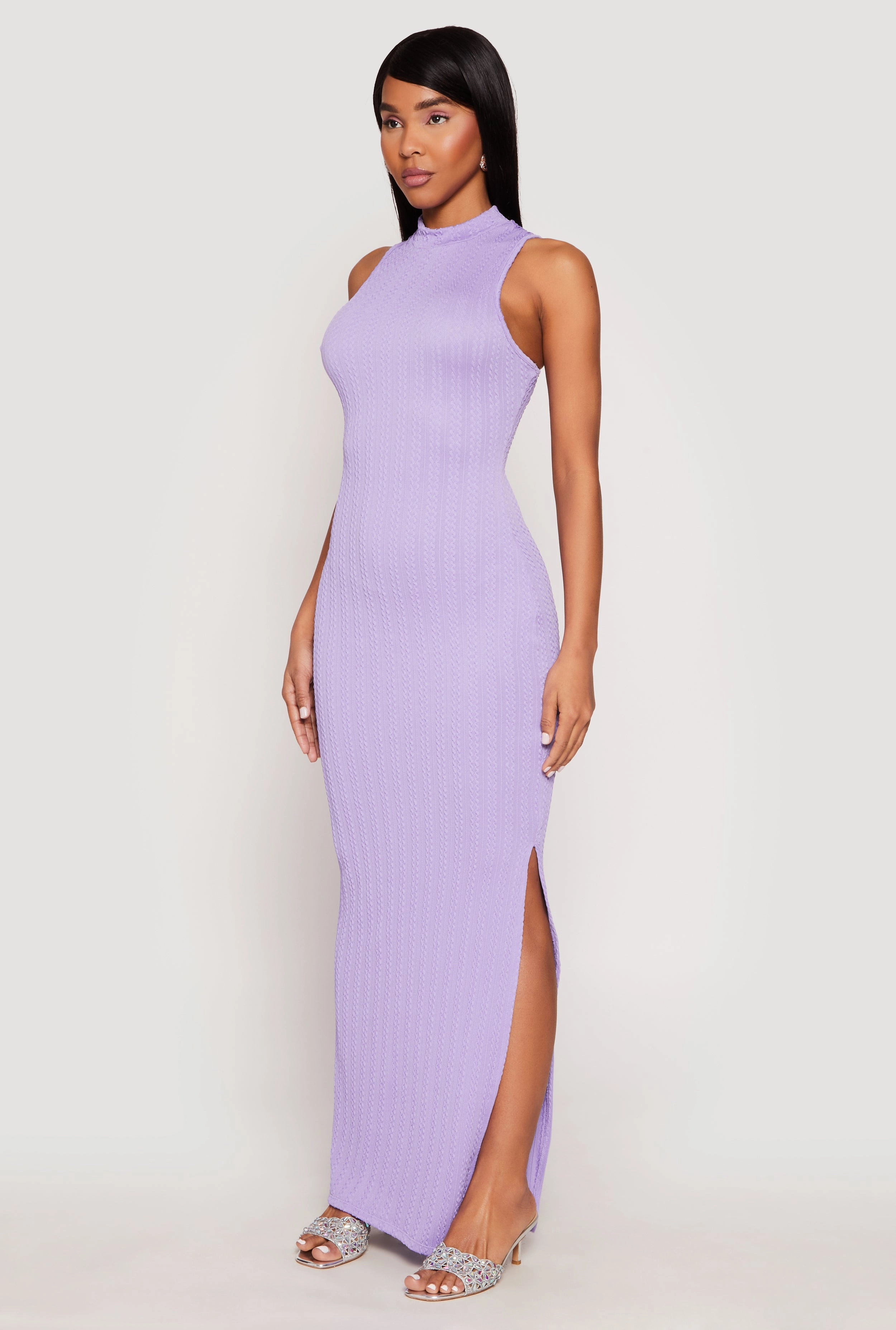 Easy Drape Textured Knit Turtleneck Maxi Dress