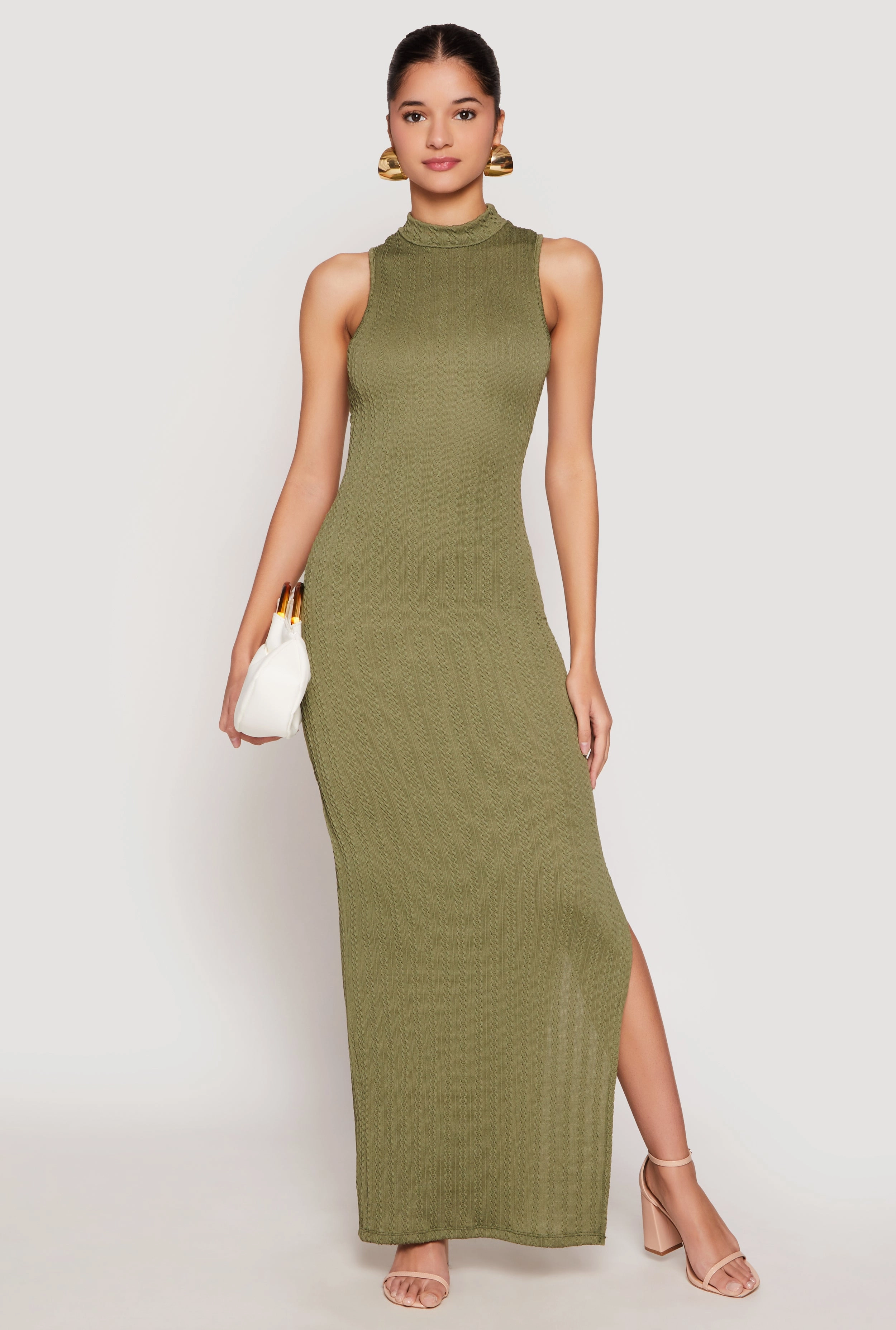 Textured Knit Turtleneck Maxi Dress Boat-Neck Basic Mood