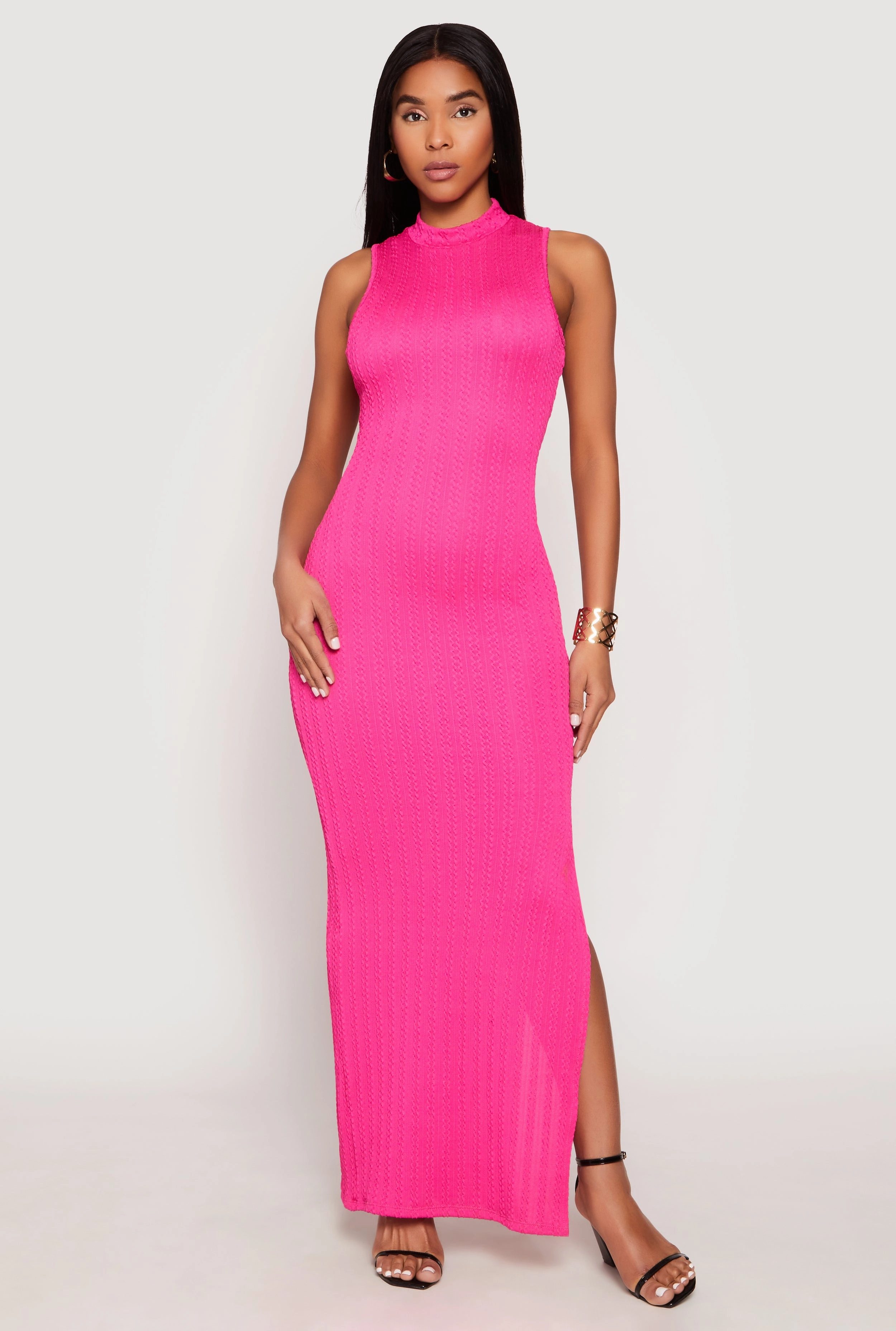 Textured Knit Turtleneck Maxi Dress Holiday-Party
