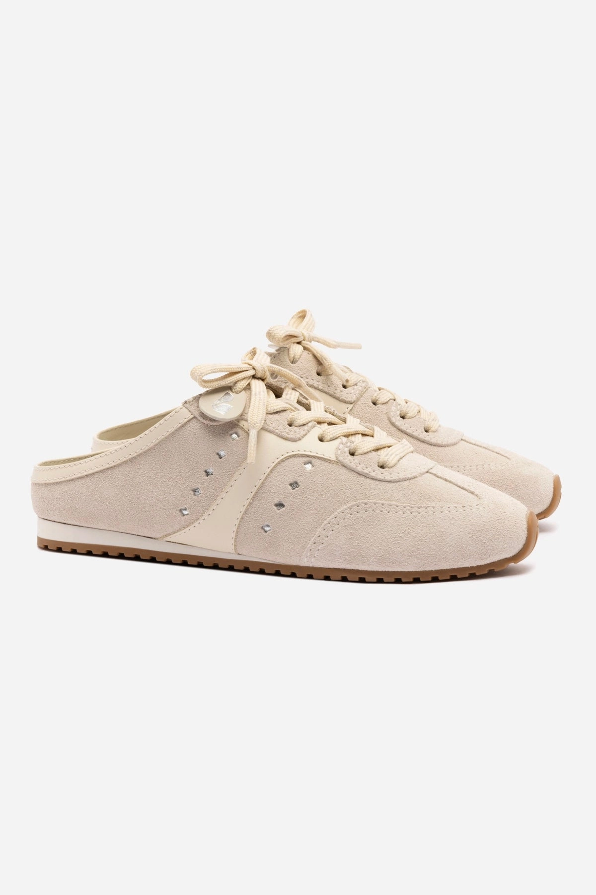 Built-in comfort Streamlined silhouette Stella Mule In Mushroom Grey Suede and Ivory Leather