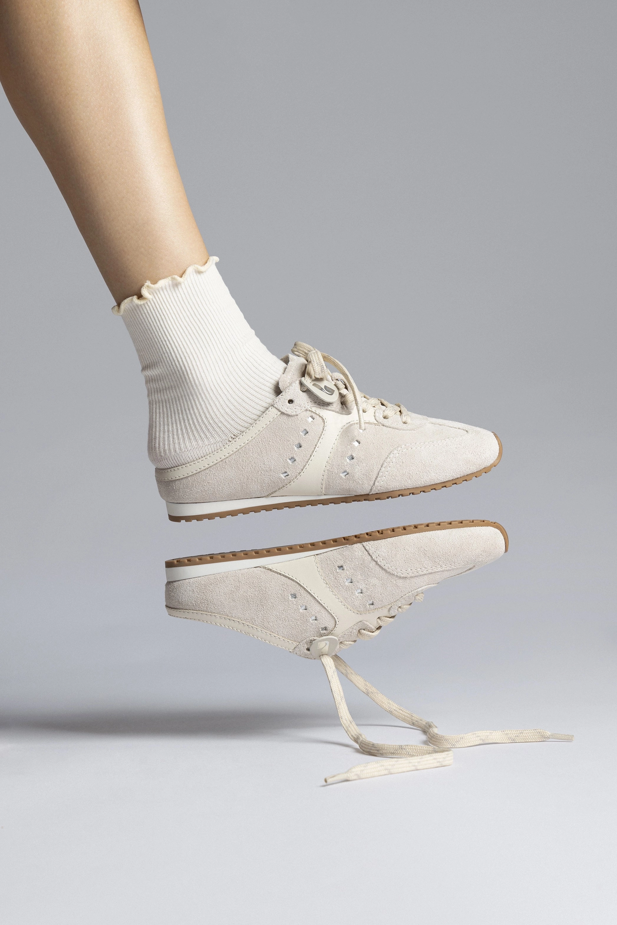 Low Top Design hook and loop closure Stella Mule In Mushroom Grey Suede and Ivory Leather