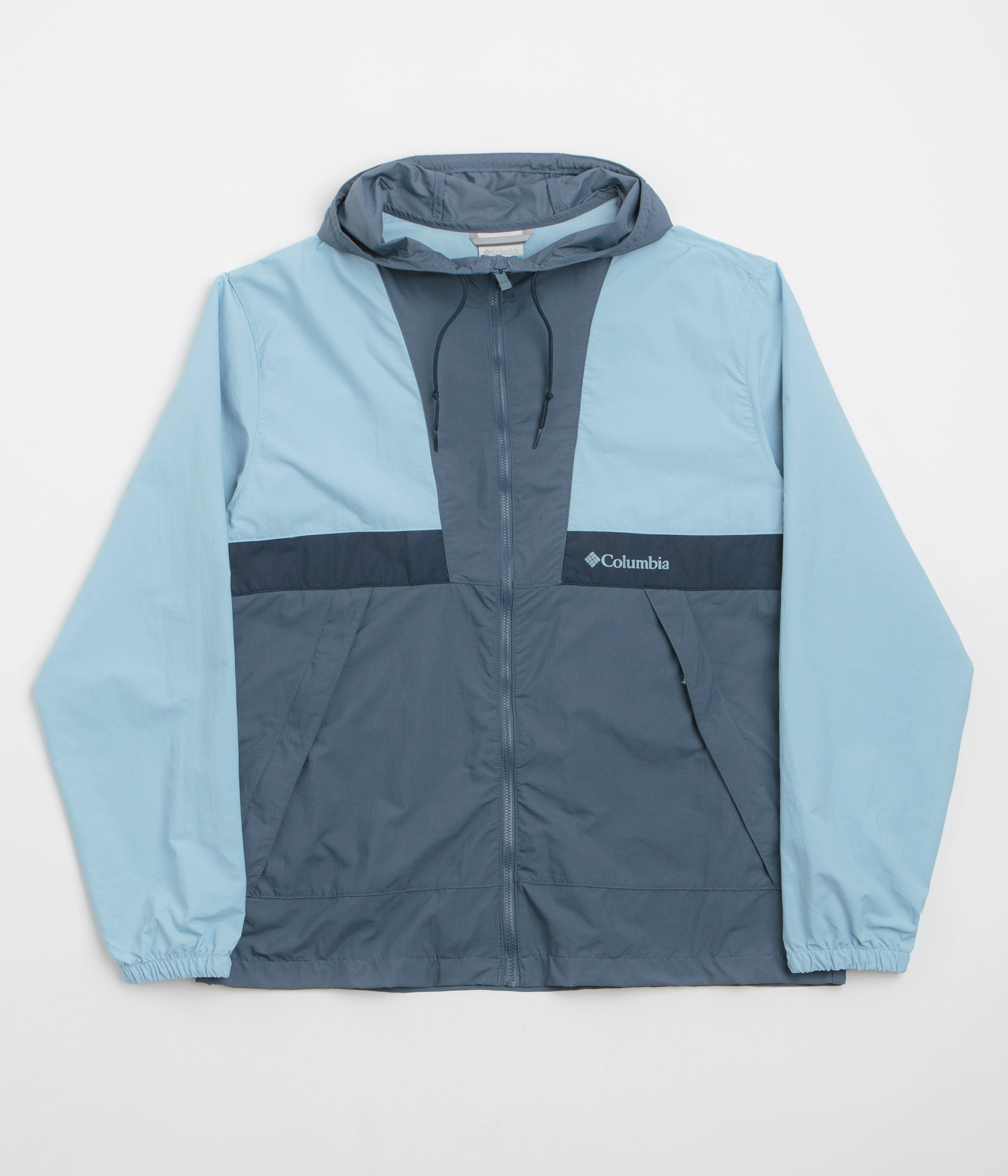 Columbia Spire Valley Hooded Windbreaker Jacket - Ripple Blue / Dark Mountain / Collegiate Navy Flexible Fleece Lining Outdoor Ready