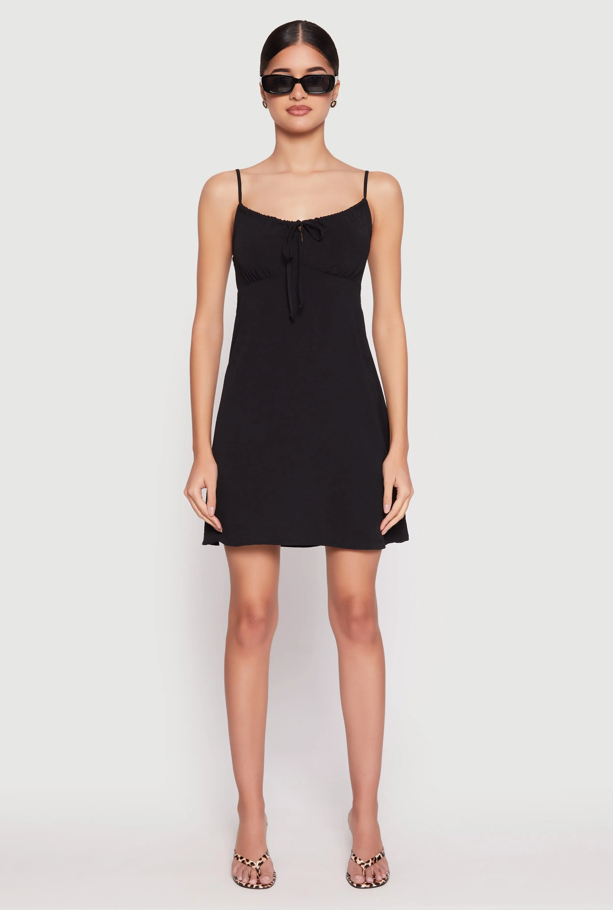 Mixed Fabric Luxe Look Tie Front Keyhole Cami Dress