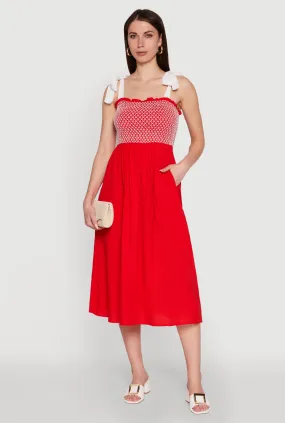 Knot-Detail Tie Shoulder Fishnet Detail Midi Dress