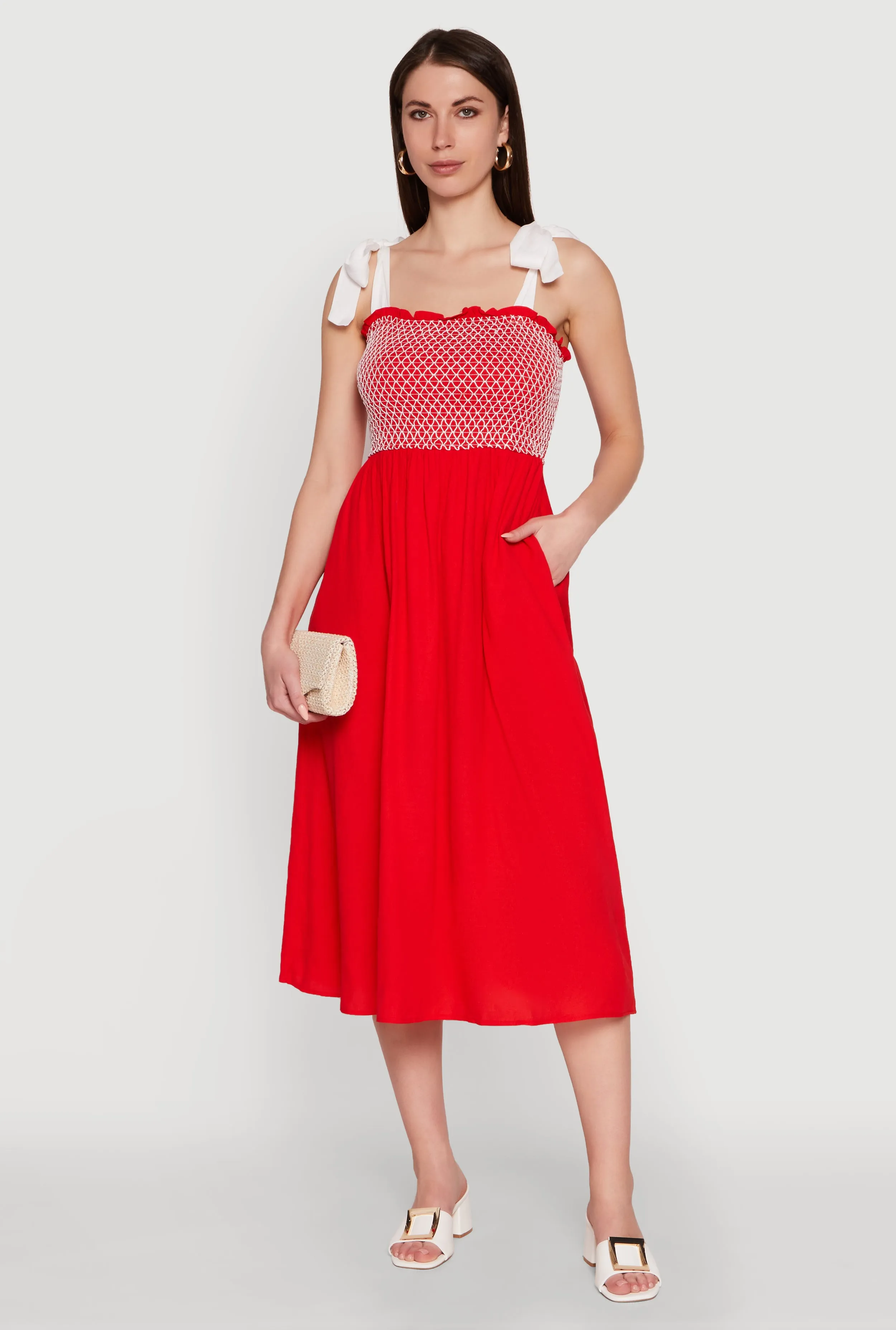 Knot-Detail Tie Shoulder Fishnet Detail Midi Dress