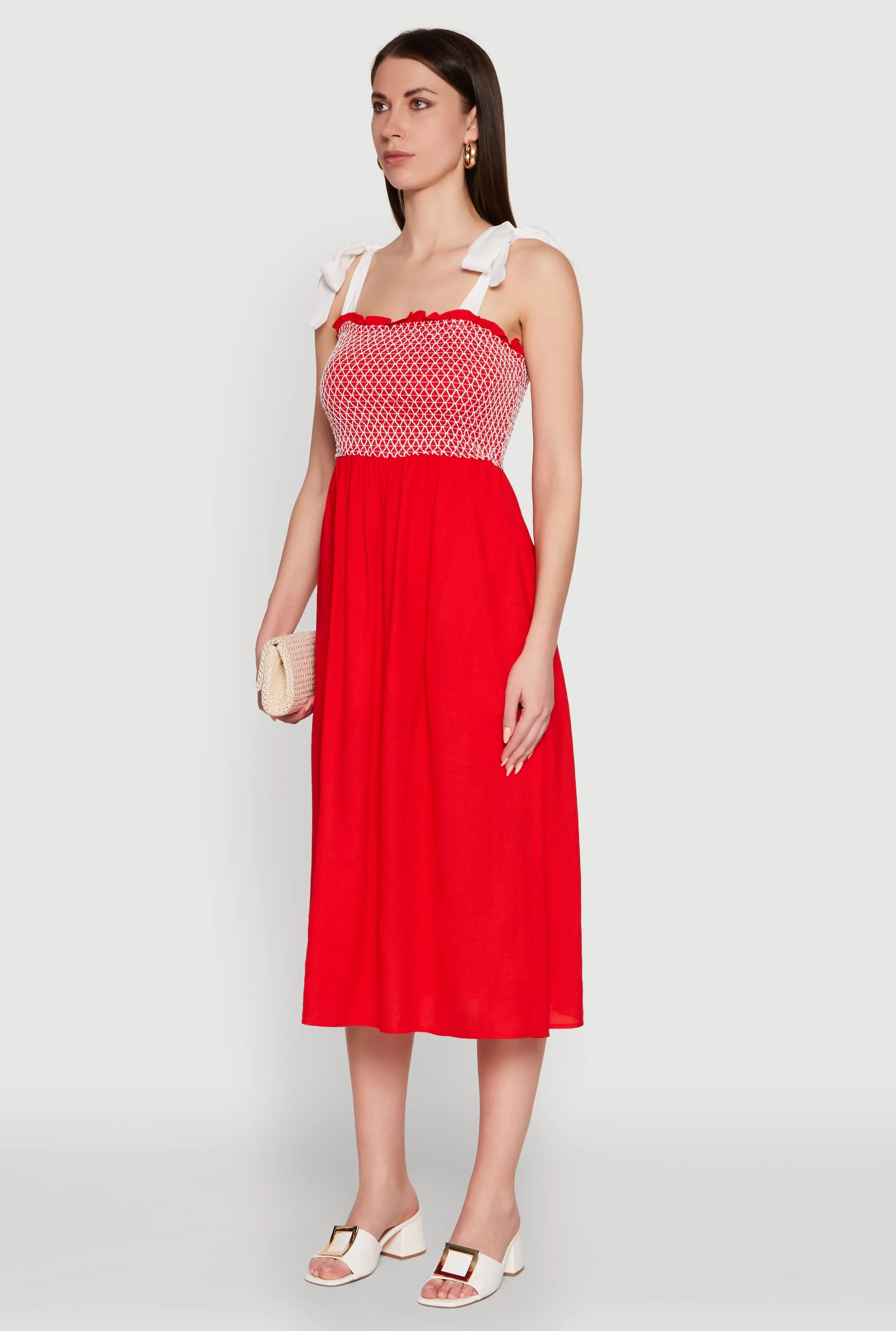 Light Wrap Tie Shoulder Fishnet Detail Midi Dress