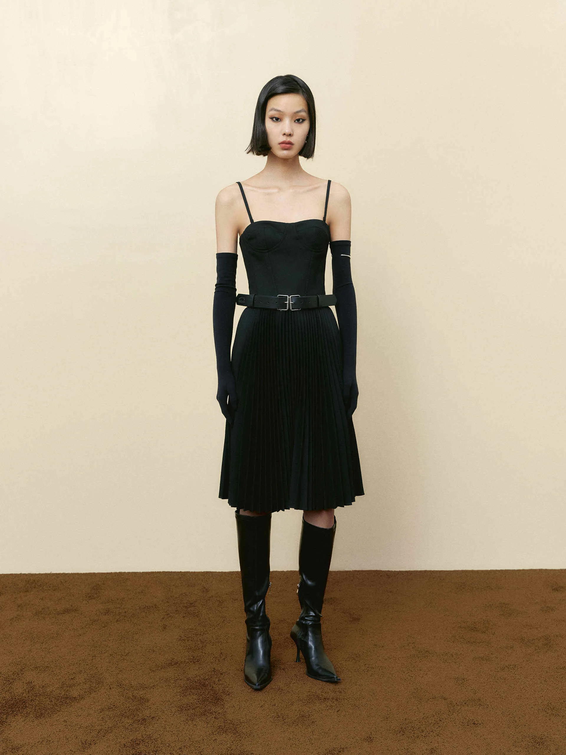 Black Corset Pleated Spaghetti Dress Clean Stitch