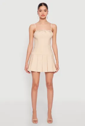 Boho Tone Cozy Look Satin Detail Pleated Cami Skater Dress