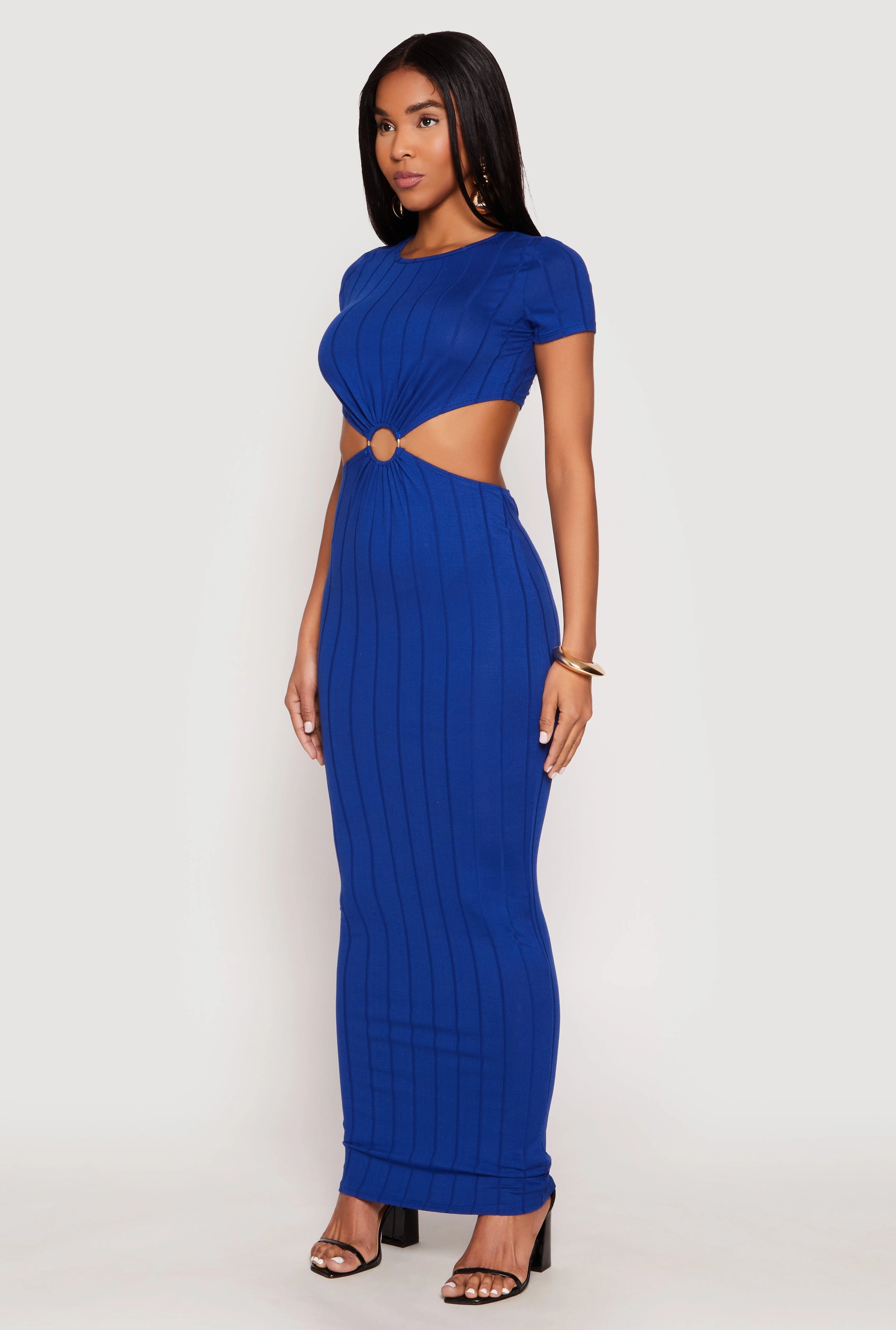 Nature Bloom Ribbed Knit O Ring Cut Out Maxi Dress