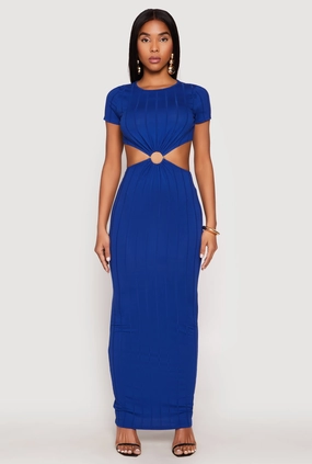 Contrasting Detail Velvet-Sleeve Ribbed Knit O Ring Cut Out Maxi Dress