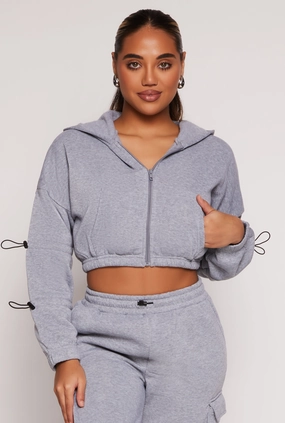 Toggle Drawstring Cropped Zip Front Hoodie Stretchable party - goer