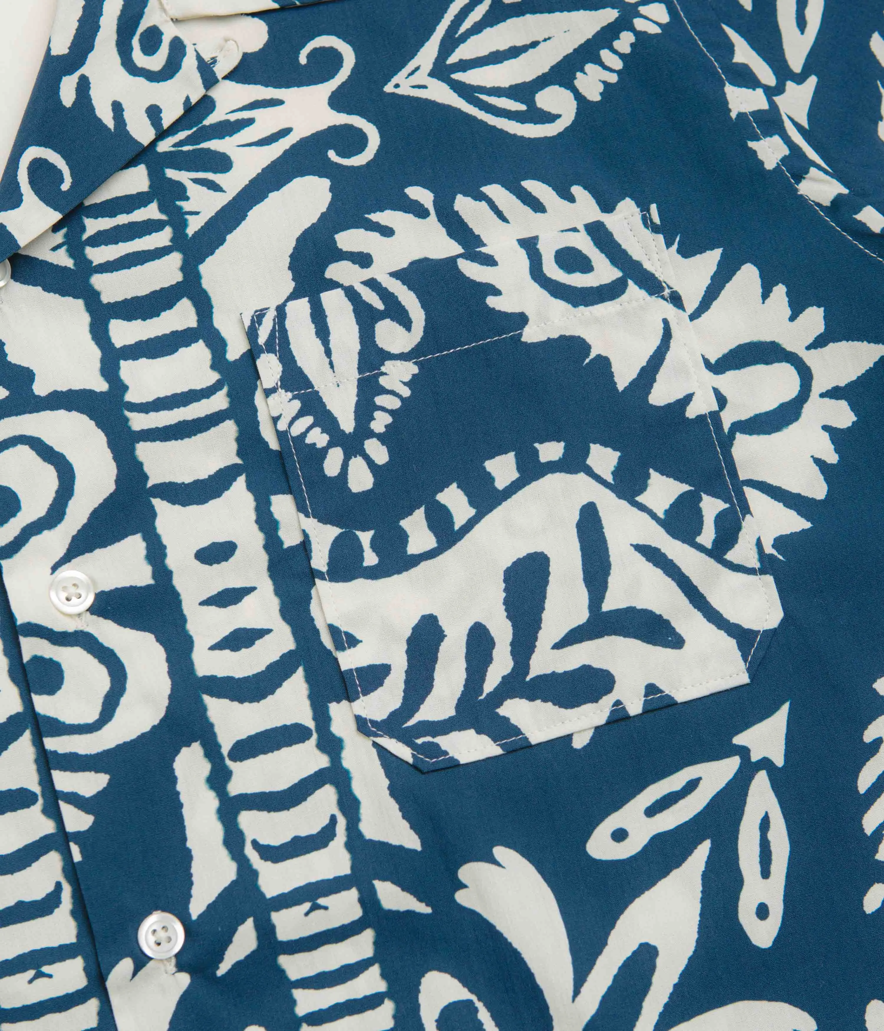 Universal Works Road Shirt - Navy / Island Print Roomy Cut Lounge Comfort