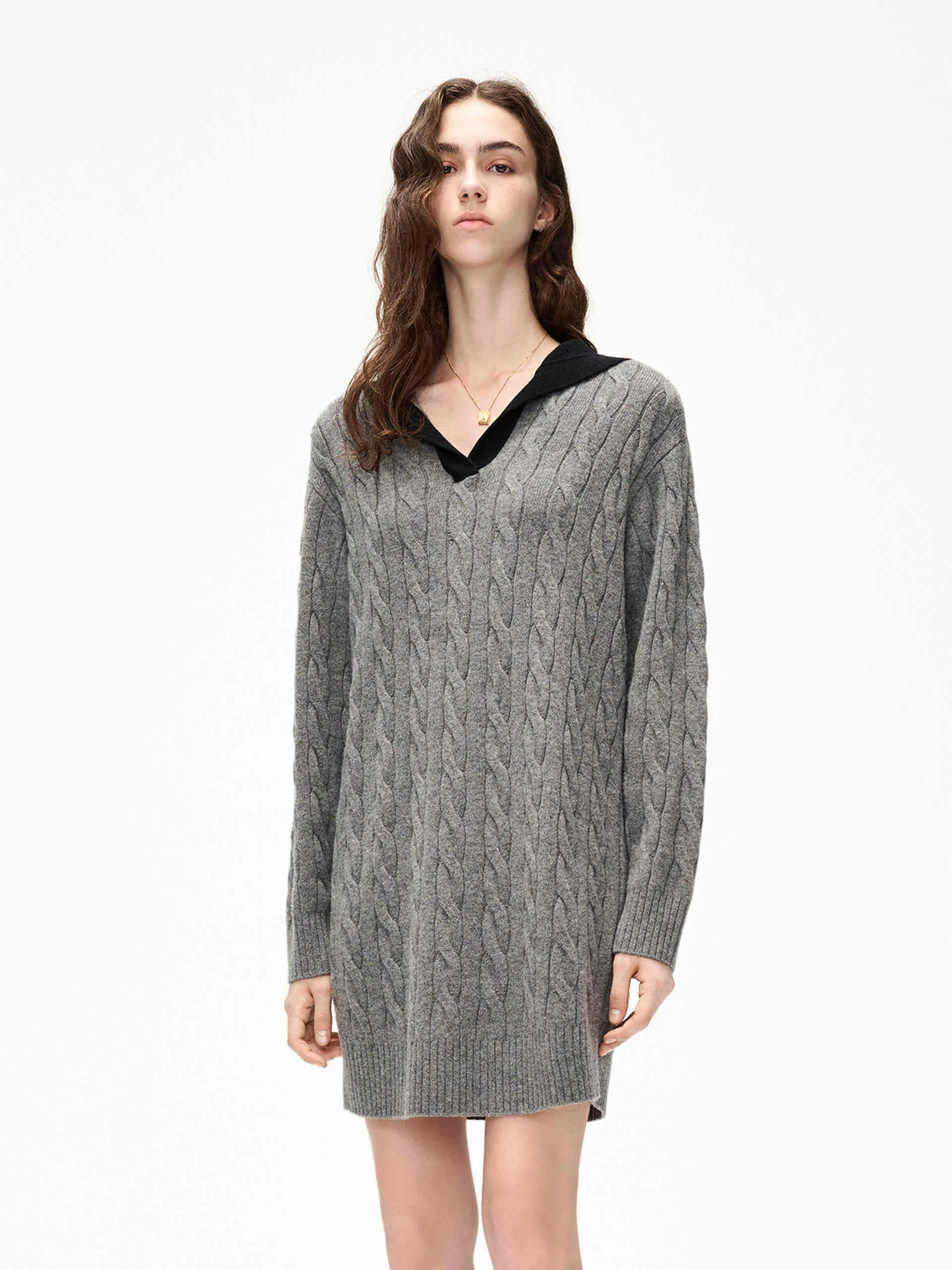 Navy Collar Cable Knit Dress Jewel-Tone