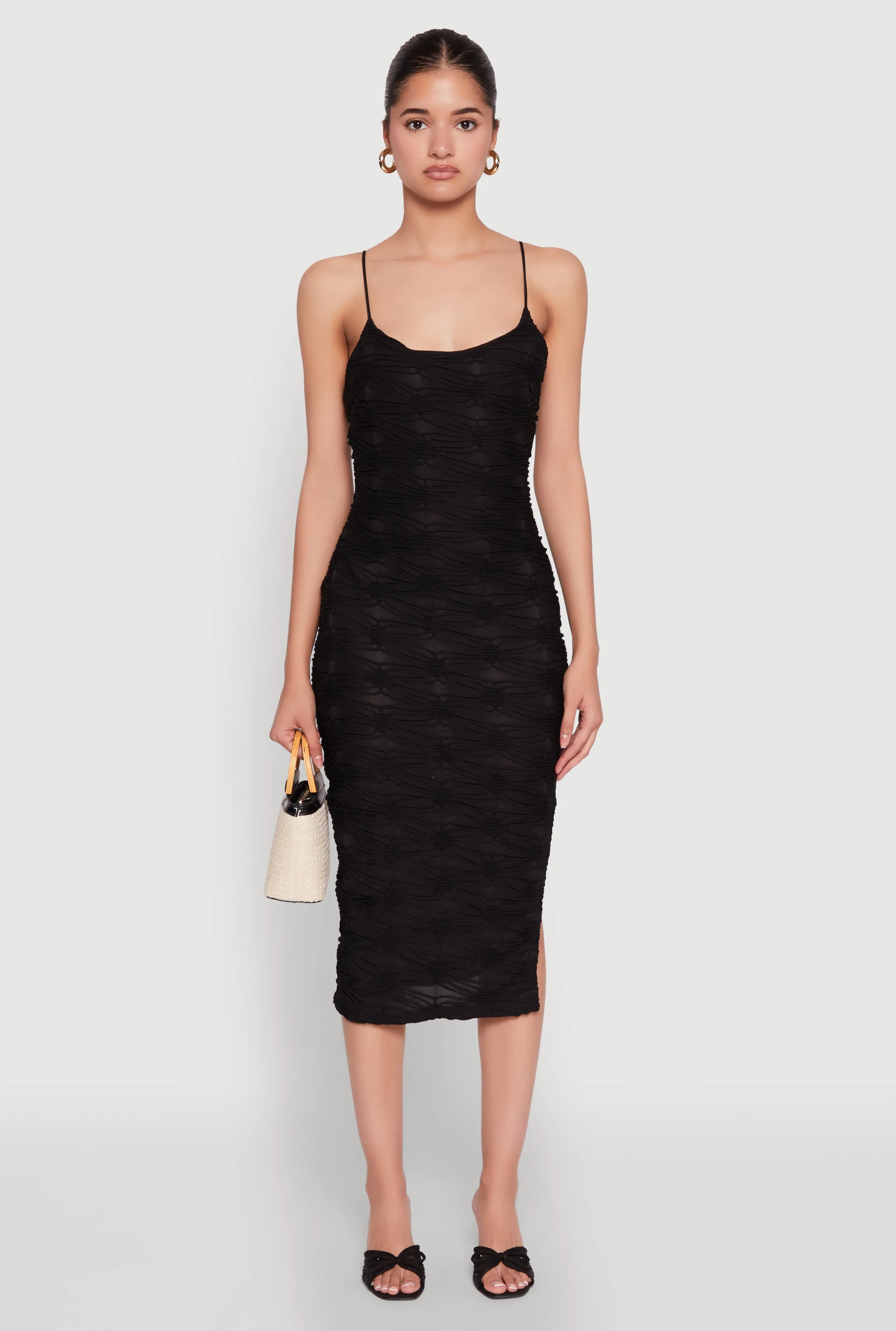 Loose Flow Textured Knit Side Slit Midi Dress