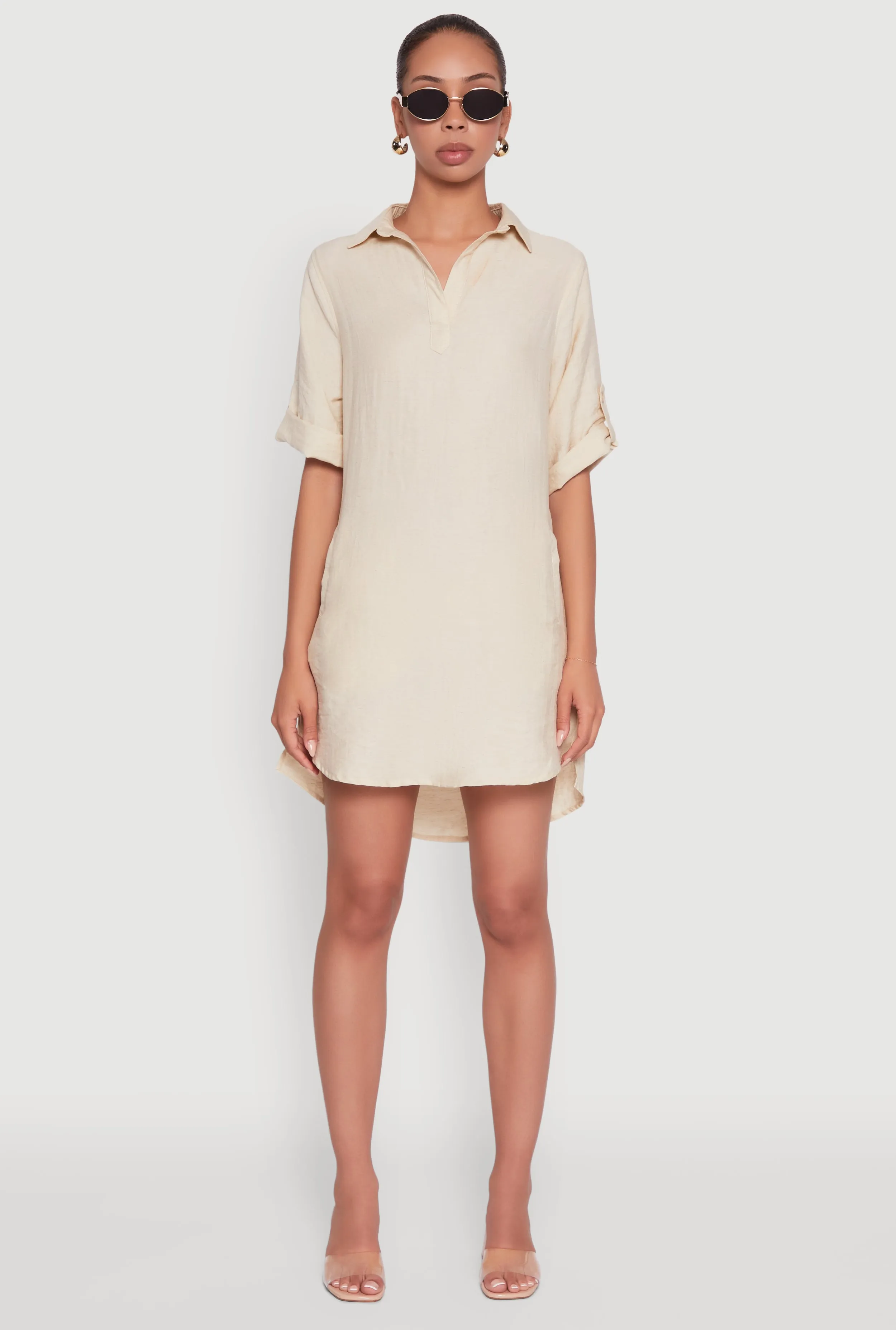 Trendy Linen Shirt Dress with Short Sleeves and Collared Neck Daywear Mood Casual event outfit