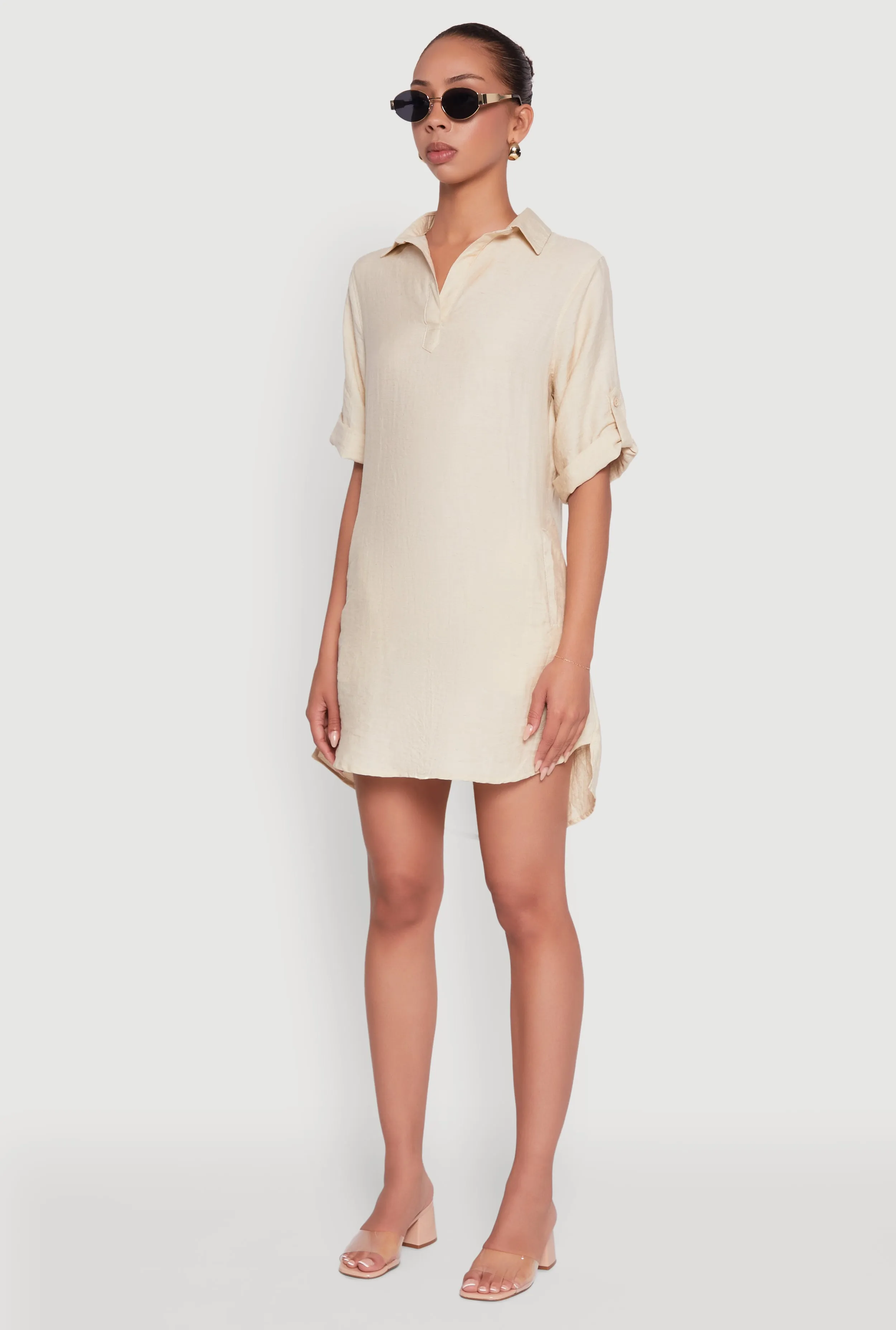 Lounge Outfit Trendy Linen Shirt Dress with Short Sleeves and Collared Neck