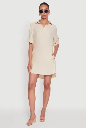 Polished office dress Trendy Linen Shirt Dress with Short Sleeves and Collared Neck