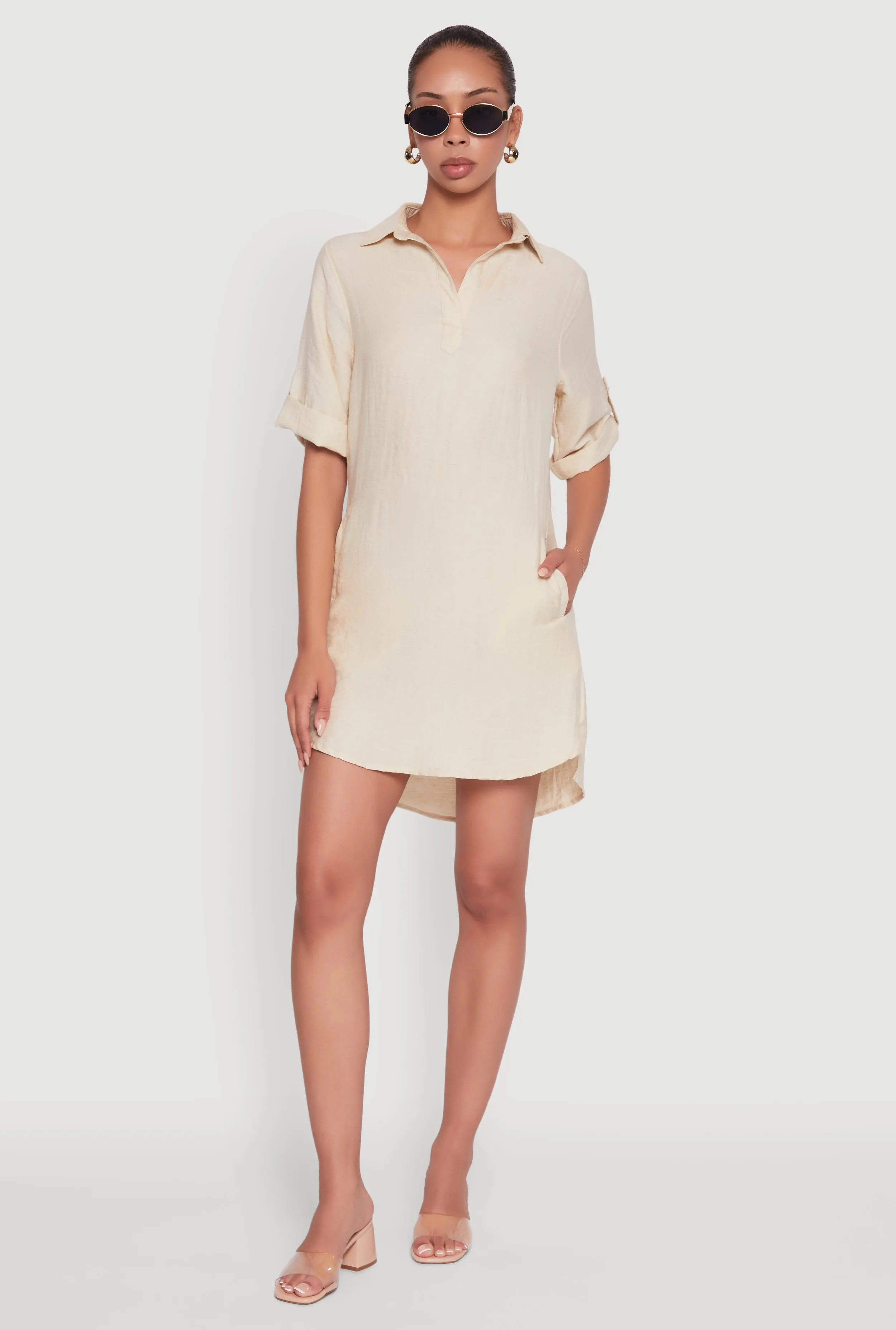 Polished office dress Trendy Linen Shirt Dress with Short Sleeves and Collared Neck