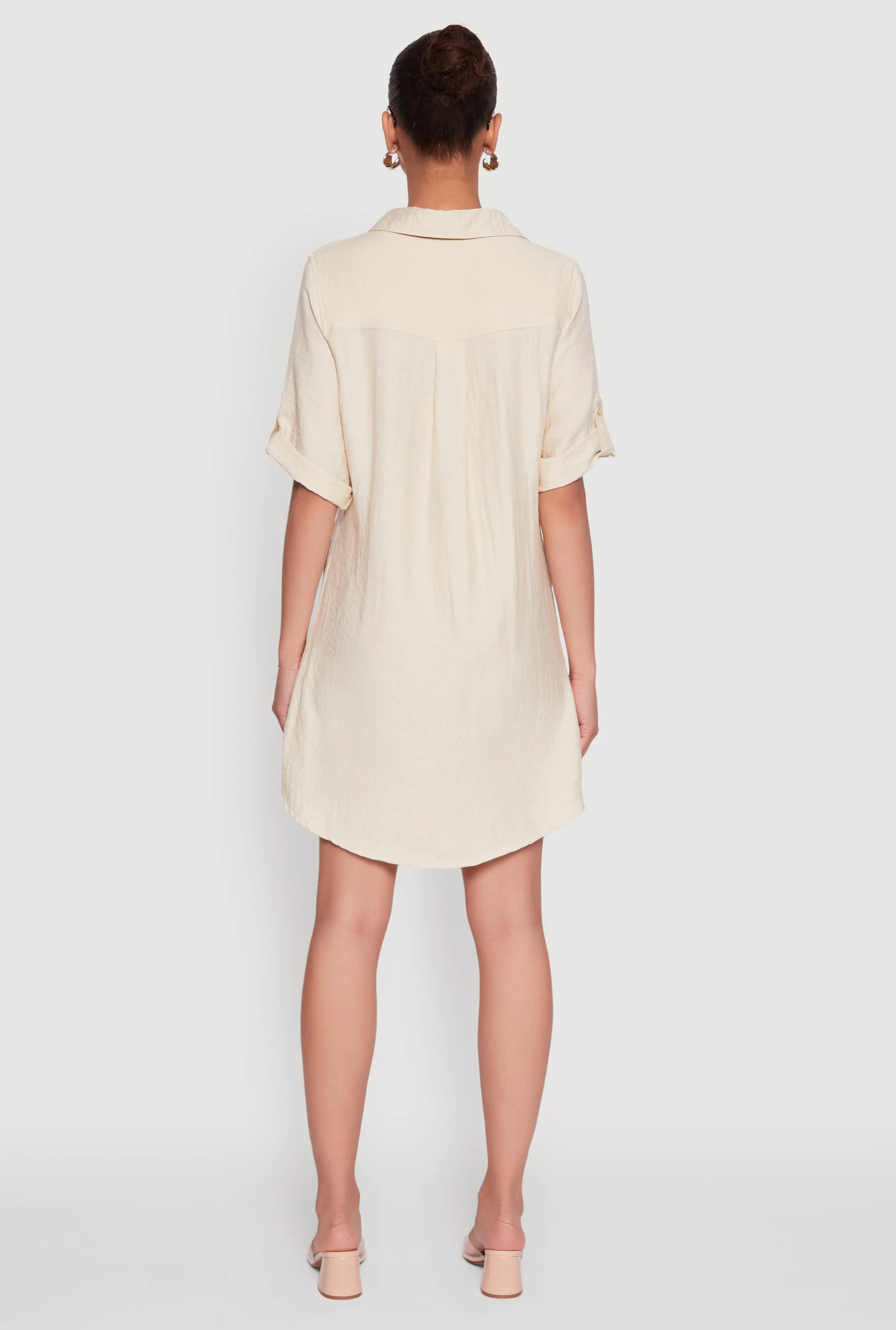Trendy Linen Shirt Dress with Short Sleeves and Collared Neck Match Quick
