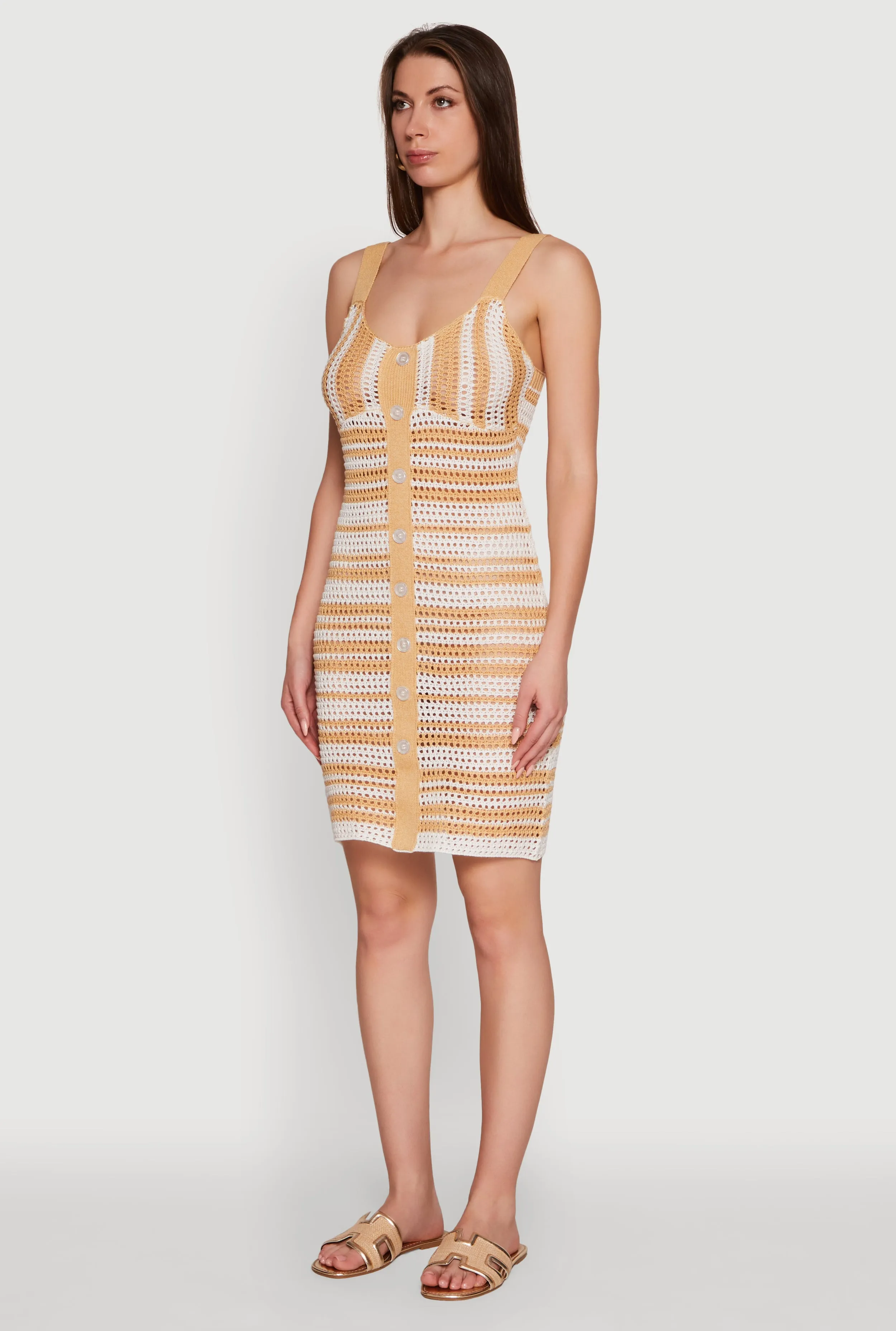Trendy Striped Crochet V-Neck Sleeveless Sundress with Faux Buttons Bride Side