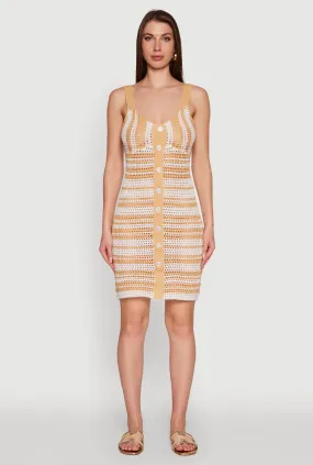 Vintage Vibe Comfort Layer Wear Trendy Striped Crochet V-Neck Sleeveless Sundress with Faux Buttons