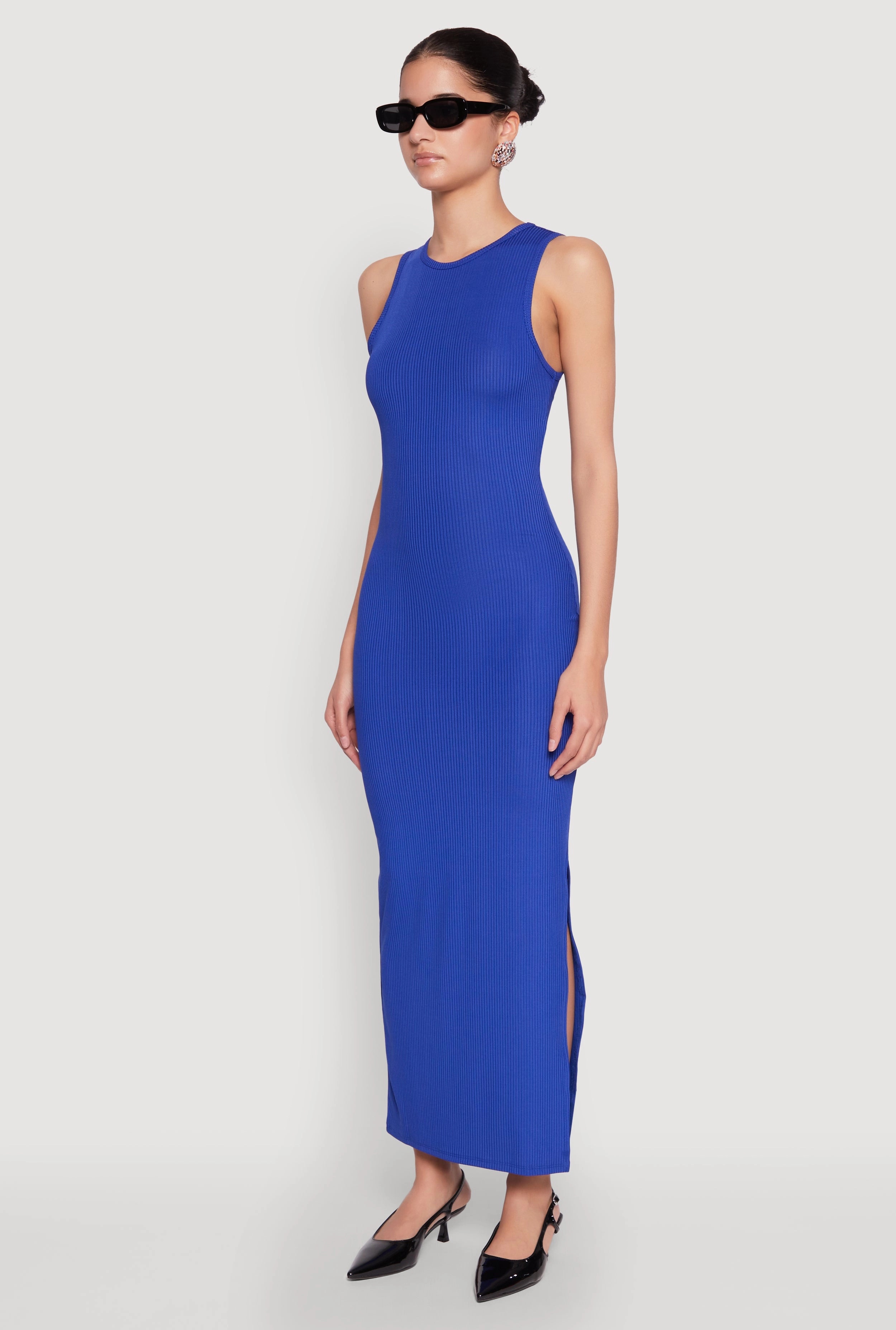 Simple Spirit Rib Knit Side Slit Maxi Dress