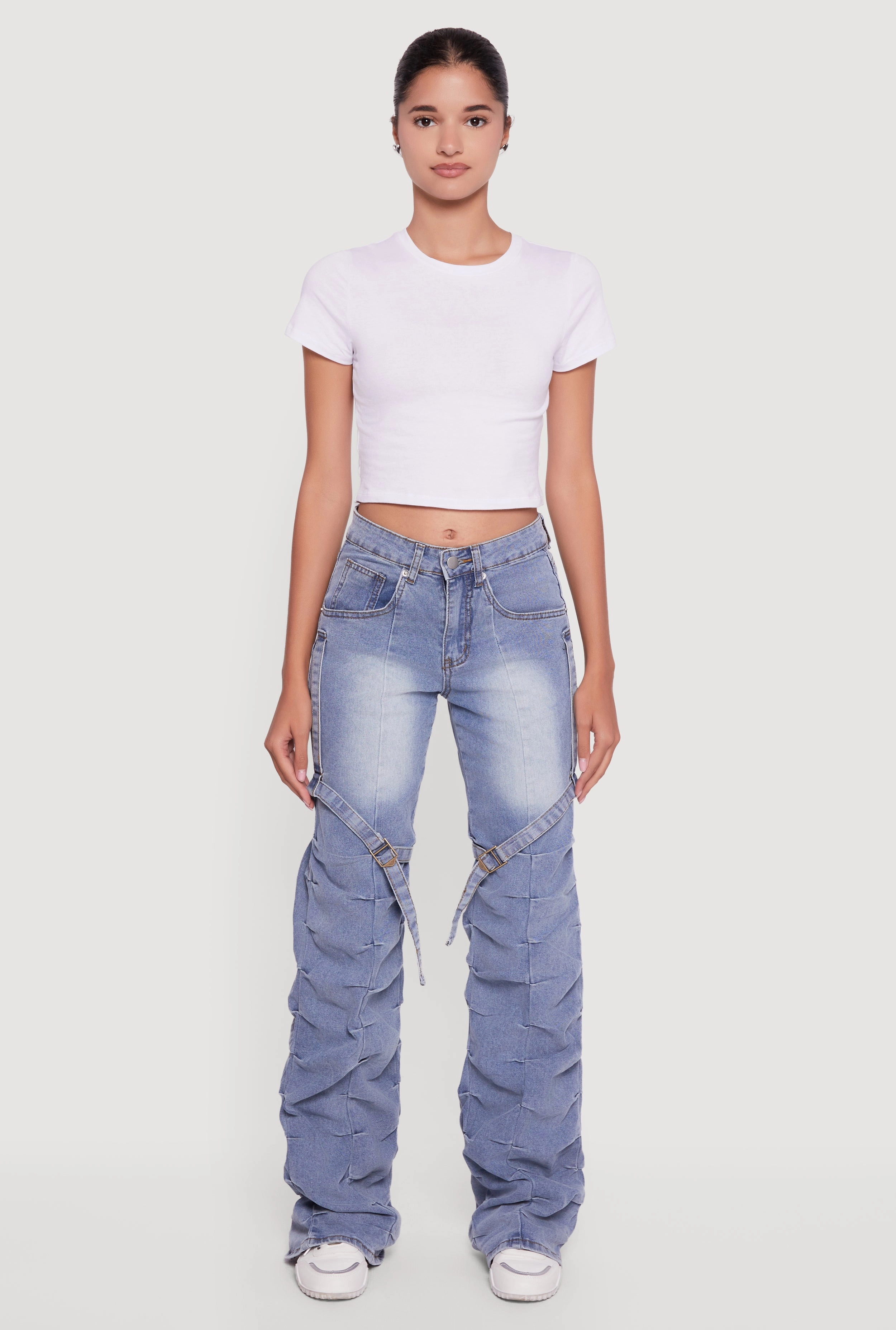 Clean Aesthetic Pintuck Detail Stacked Straight Leg Jeans with Thigh Straps