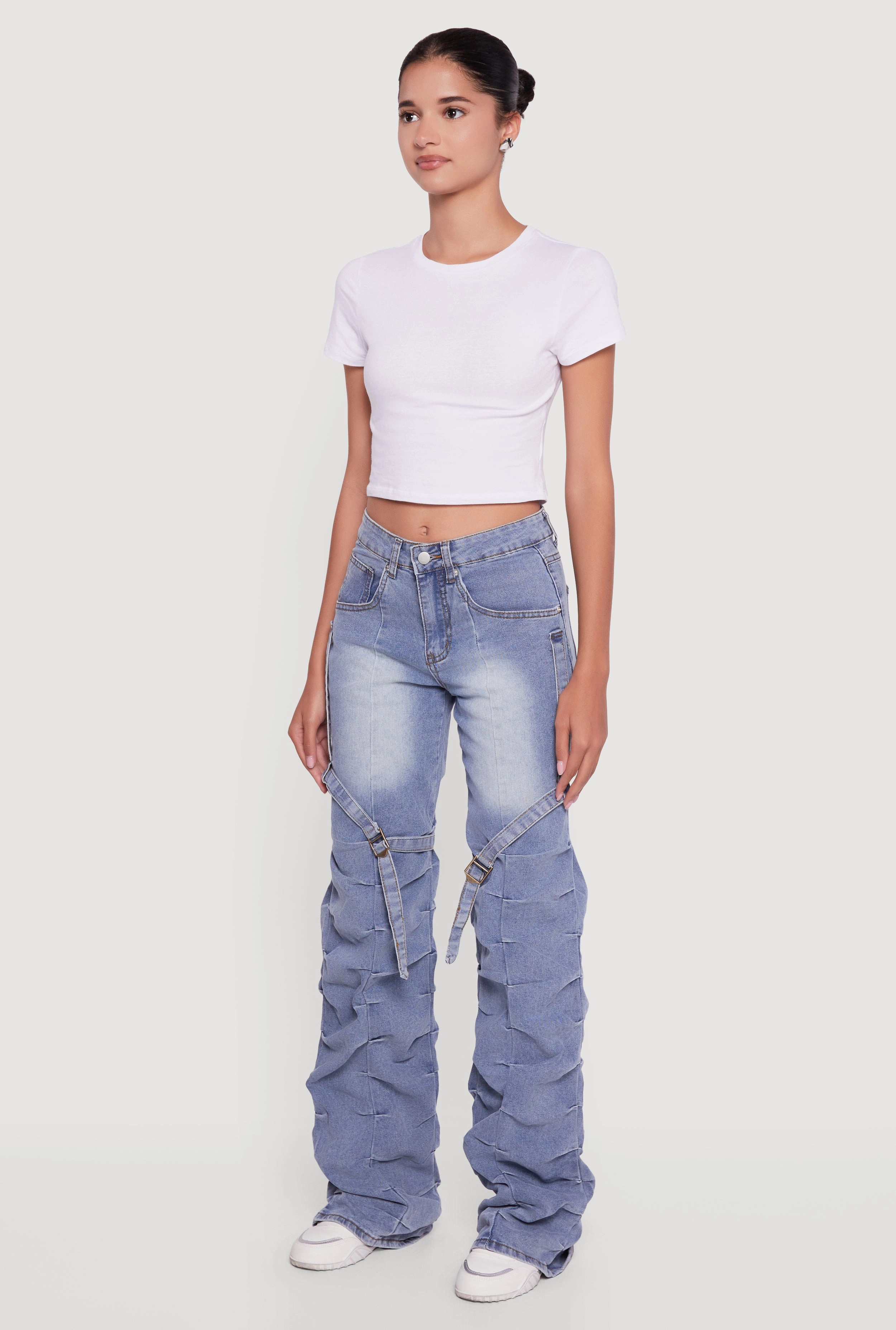 Everyday Eco Friendly Earthy Double Layered Knees Pintuck Detail Stacked Straight Leg Jeans with Thigh Straps