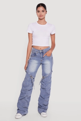 Pintuck Detail Stacked Straight Leg Jeans with Thigh Straps Smooth Minimalist Comfy Option