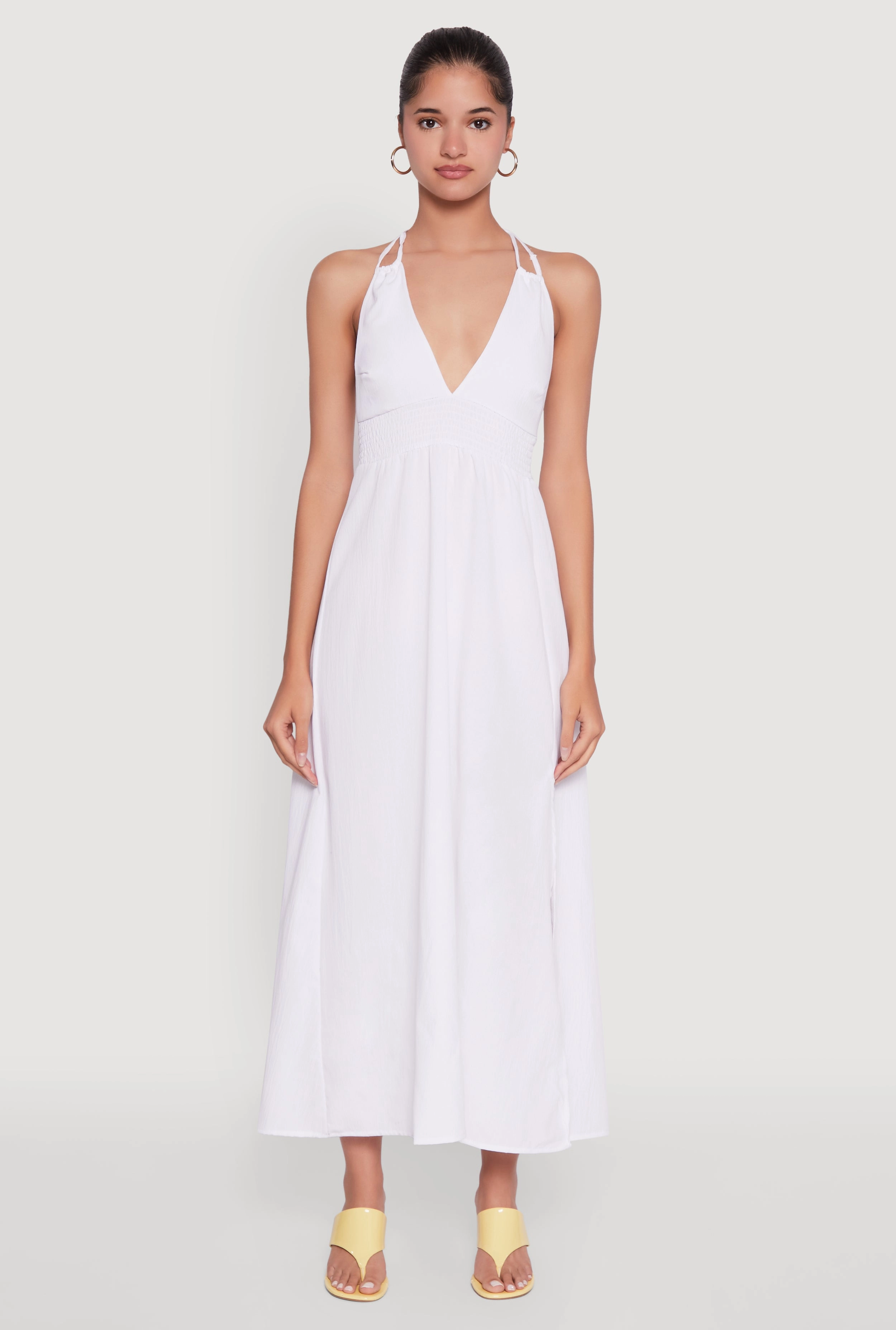 Fresh Combo Trendy Plunge Halter Tie Maxi Dress with Criss Cross Back Straps