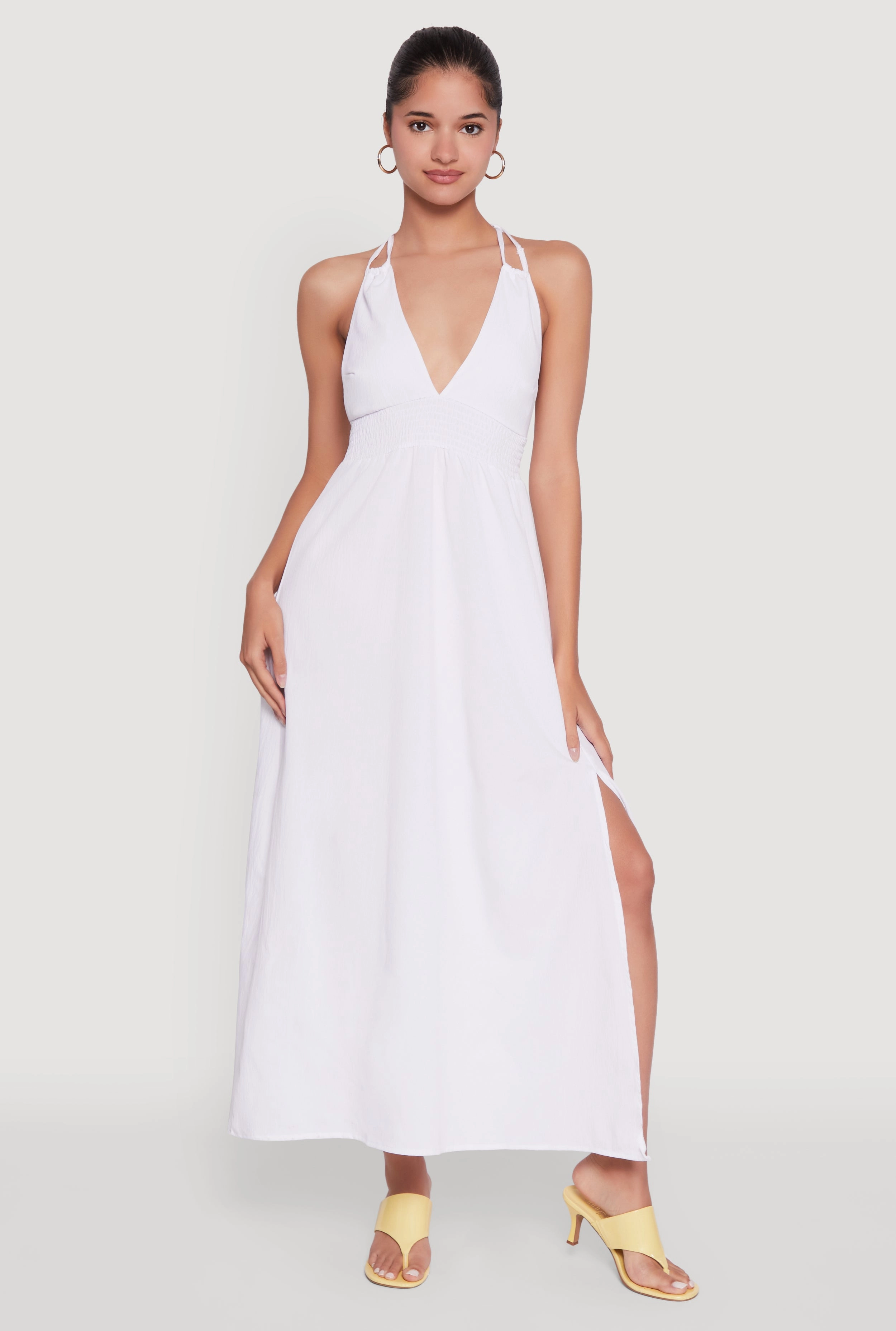 Lightweight Comfort Vibrant color Trendy Plunge Halter Tie Maxi Dress with Criss Cross Back Straps