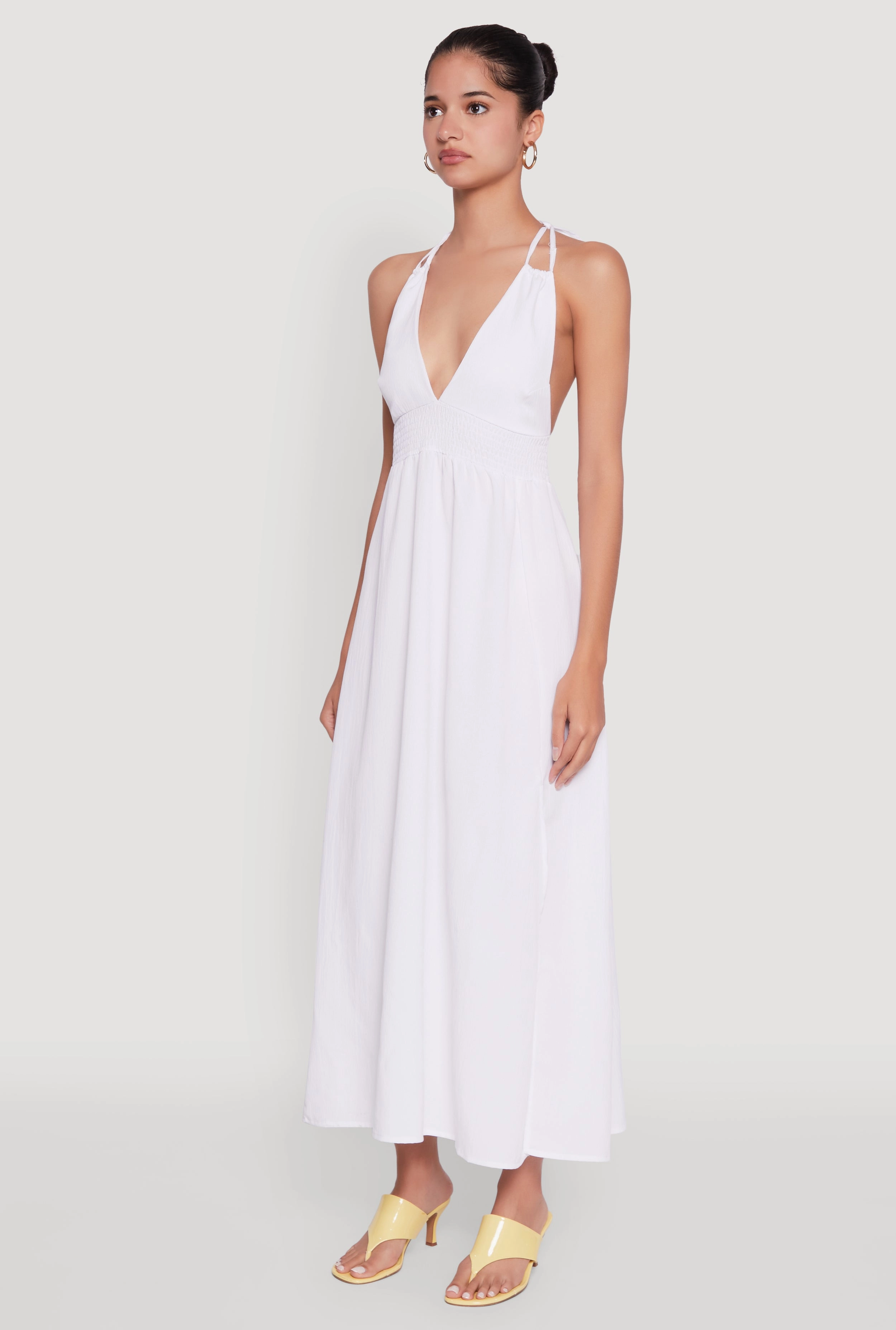 Clean Fit Elegant Flow Trendy Plunge Halter Tie Maxi Dress with Criss Cross Back Straps
