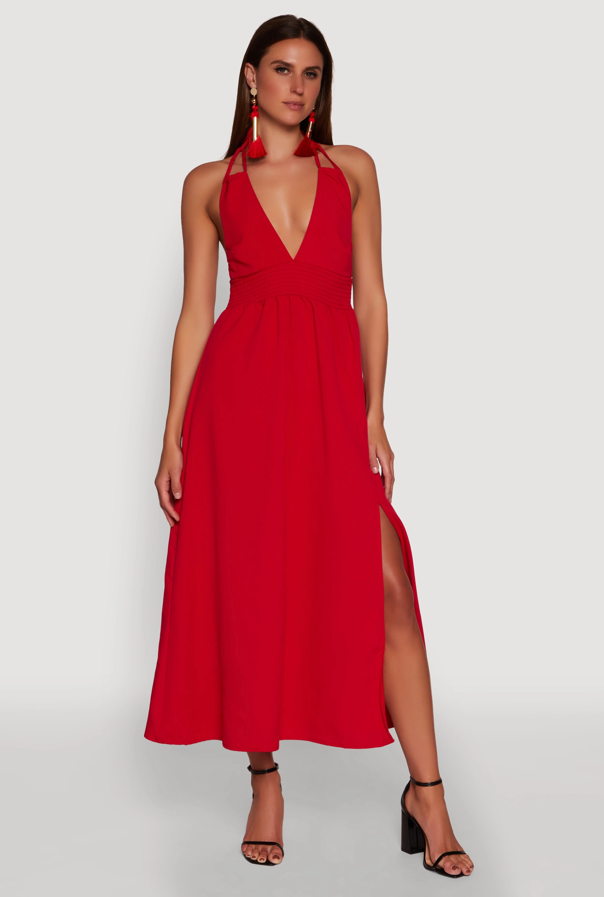 Natural Flow garden party Trendy Plunge Halter Tie Maxi Dress with Criss Cross Back Straps