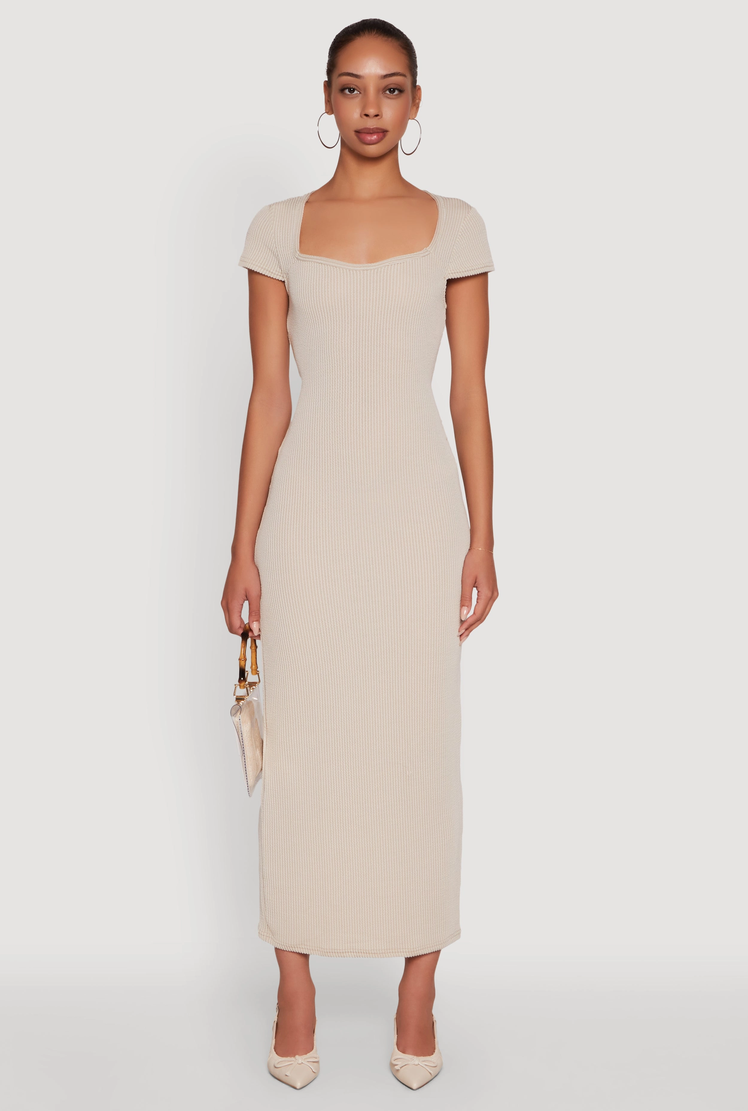 Trendy Textured Knit Tie Back Cut Out Maxi Dress Soft Touch
