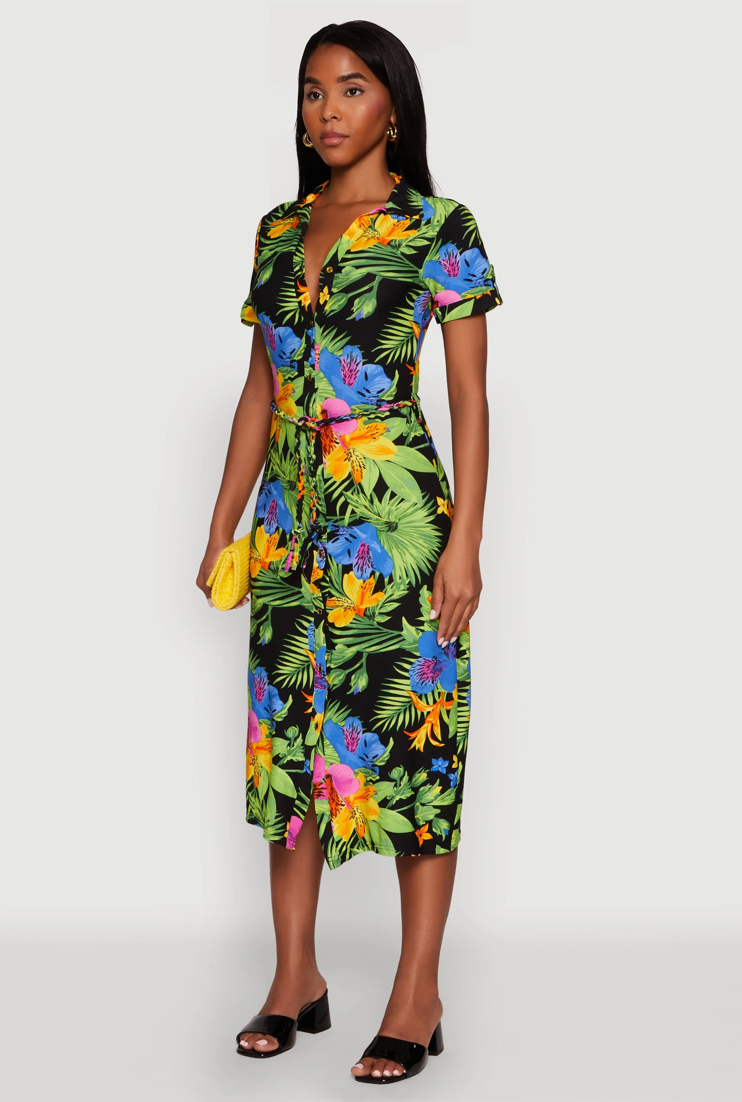 Cozy Vibe Chic Tone Tropical Floral Print Tie Waist Belted Dress