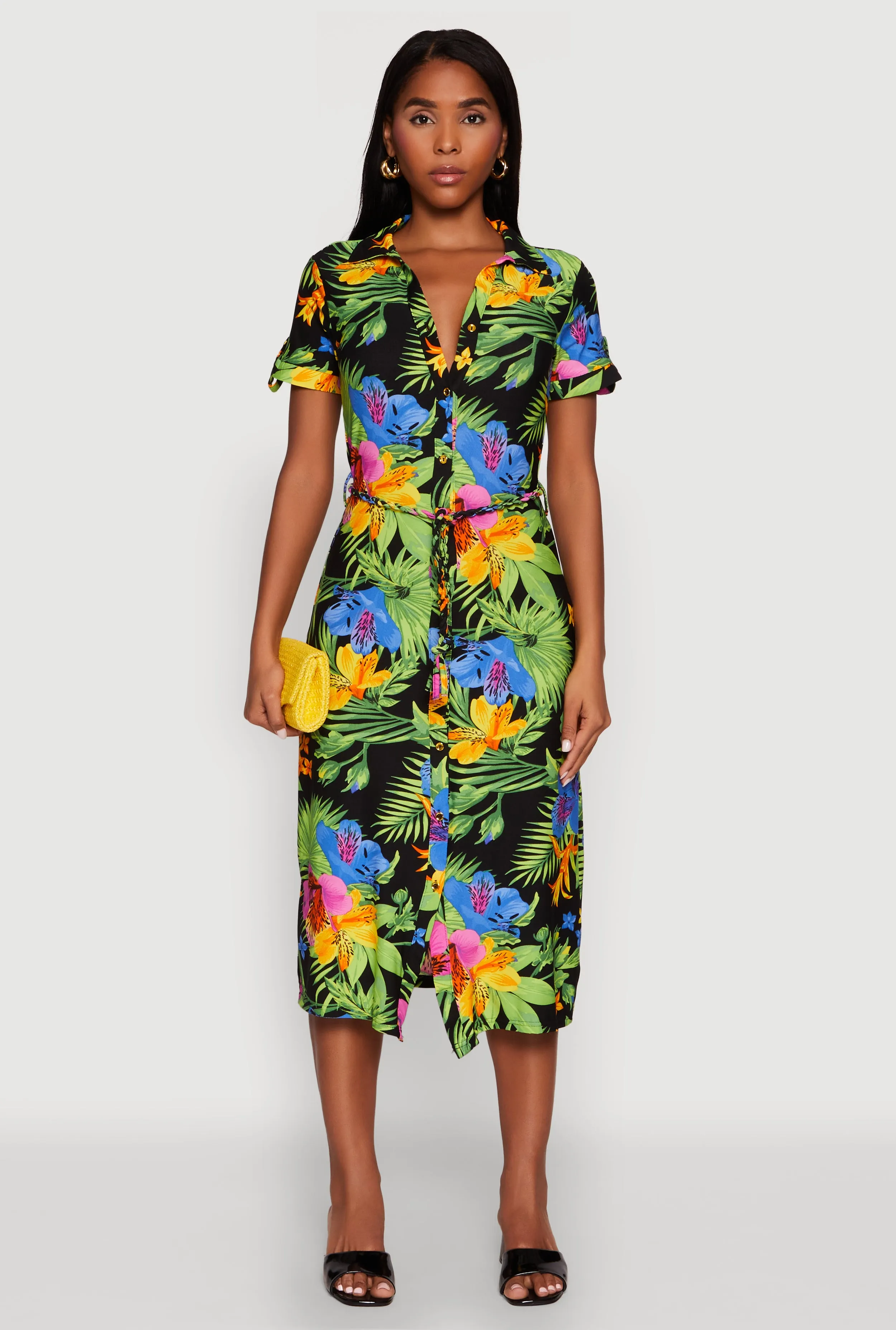 Tropical Floral Print Tie Waist Belted Dress Shade Soft Waist Seam