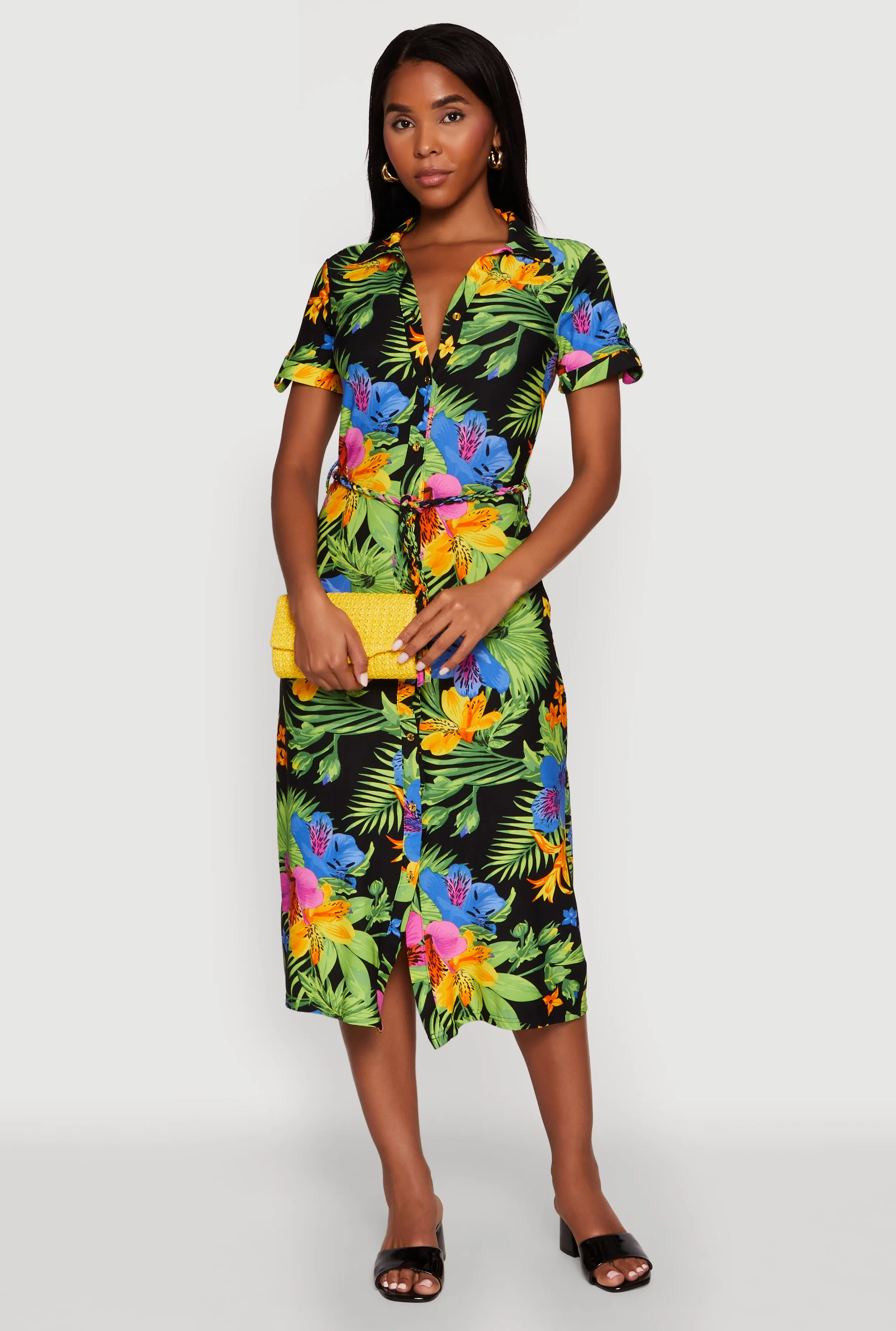 Boho Mood Tropical Floral Print Tie Waist Belted Dress