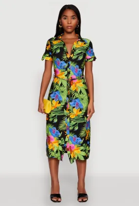 Tropical Floral Print Tie Waist Belted Dress Shade Soft Waist Seam