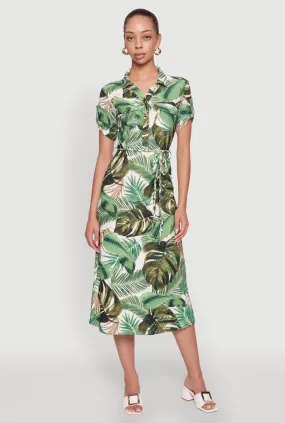 Tropical Leaf Tie Waist Belted Half Button Front Shirt Dress Ribbed-Texture Smart Outfit