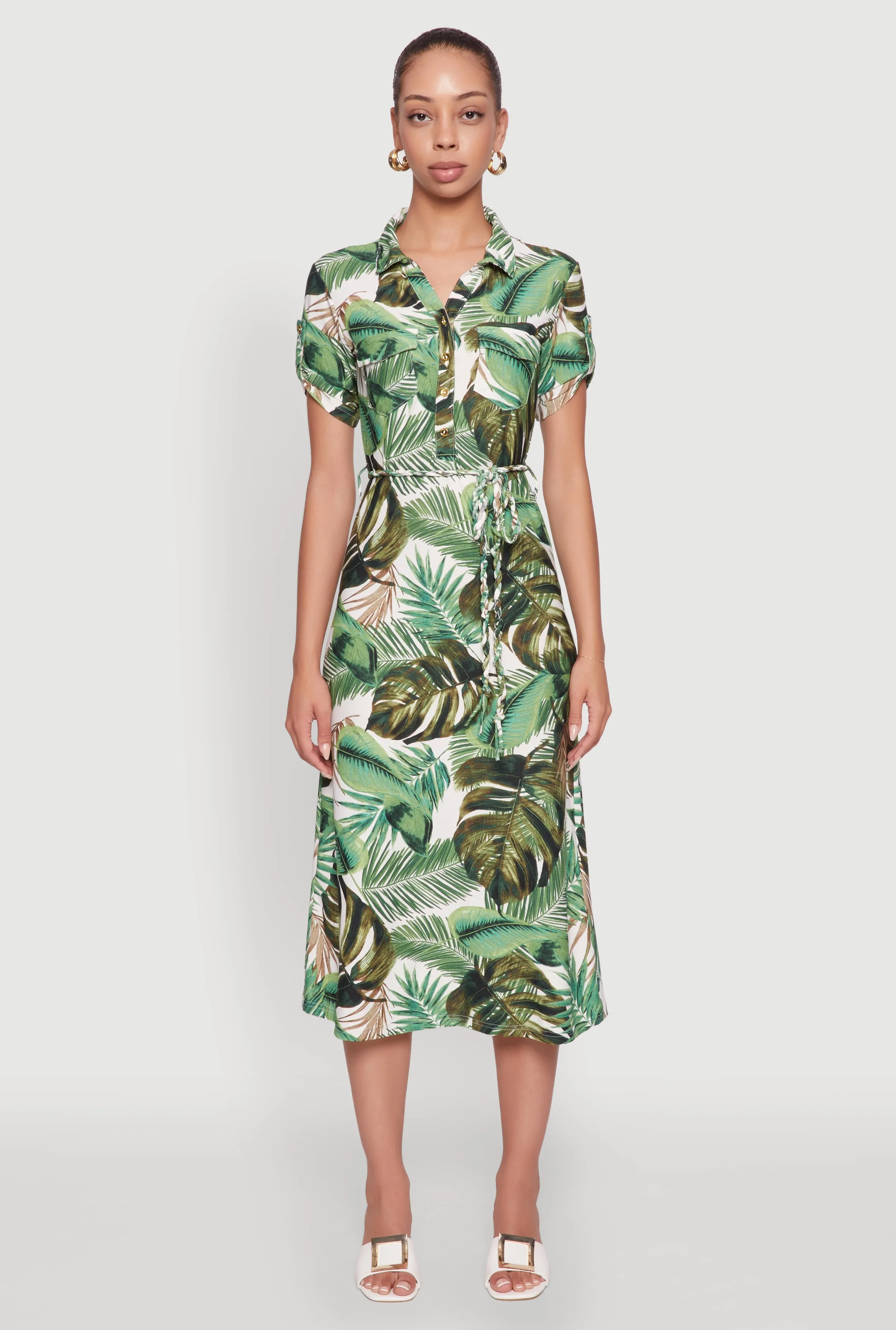 Tropical Leaf Tie Waist Belted Half Button Front Shirt Dress Fit Base Soft Layers