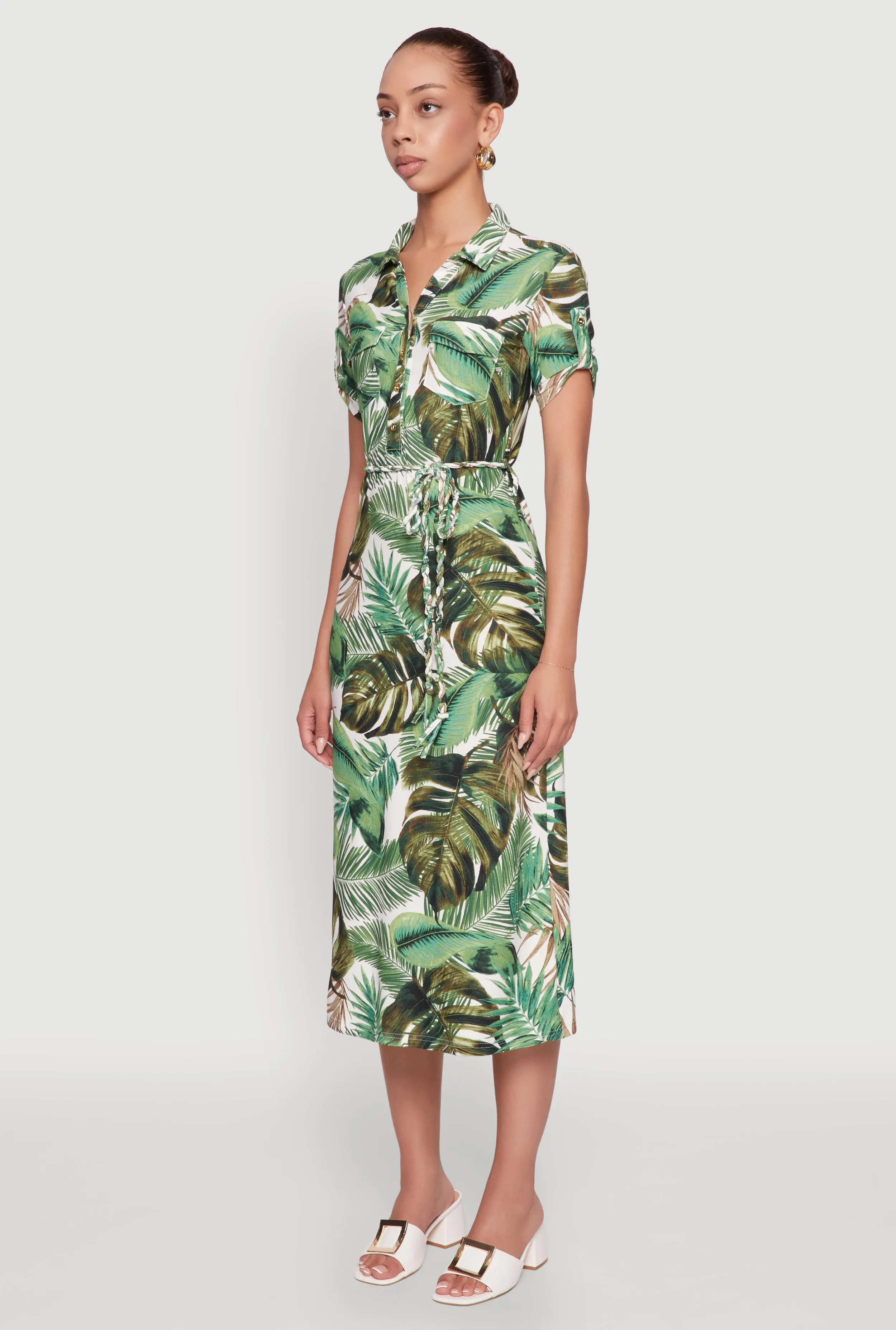 Natural Wrap Tropical Leaf Tie Waist Belted Half Button Front Shirt Dress
