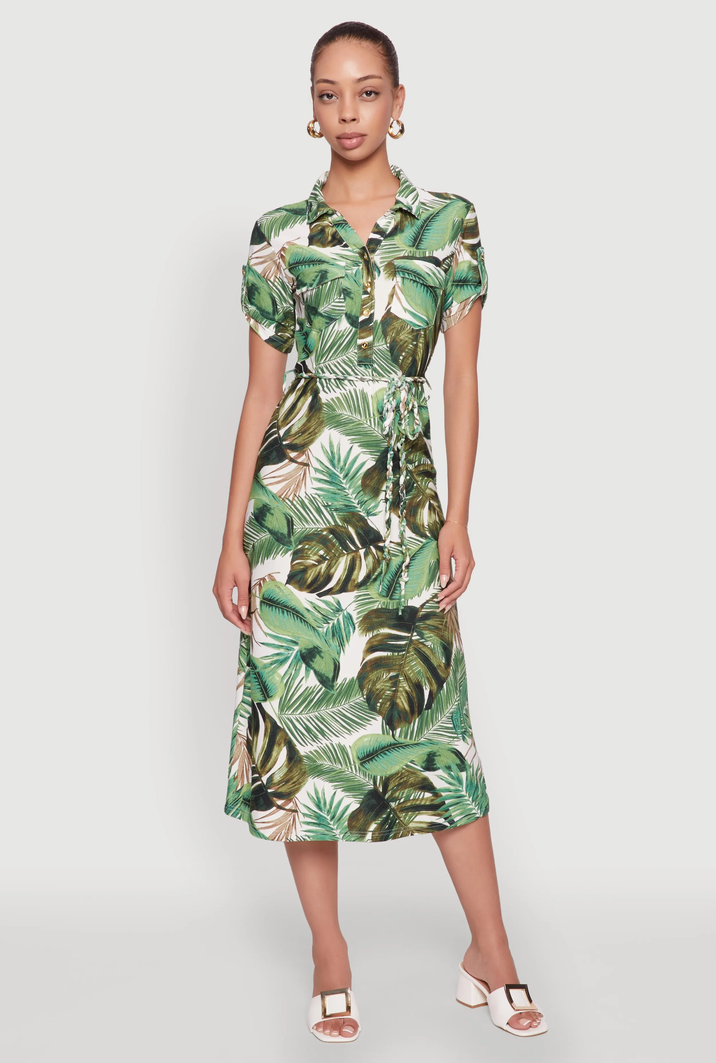 Tropical Leaf Tie Waist Belted Half Button Front Shirt Dress Ribbed-Texture Smart Outfit