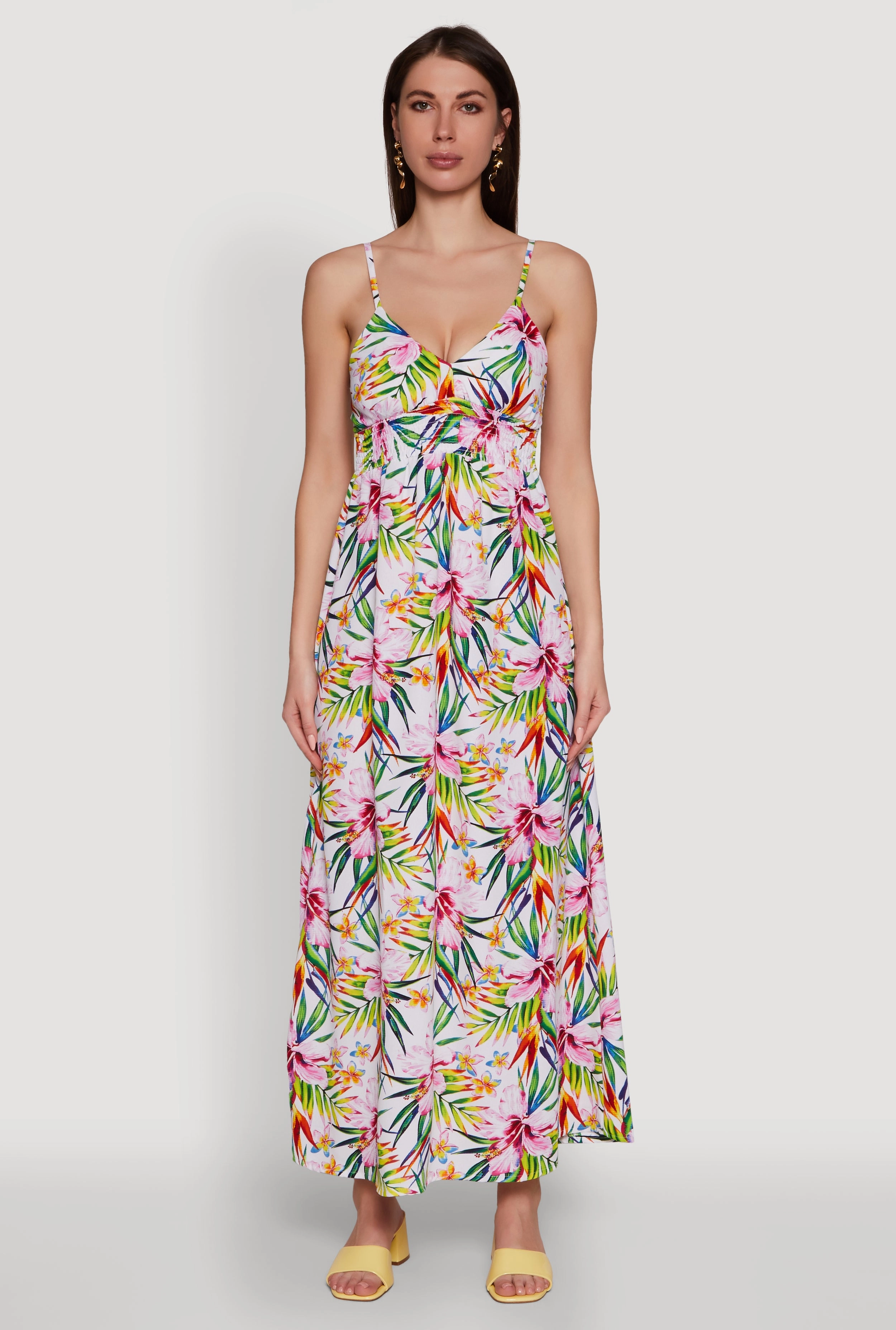 All weather Chic Layering Tropical Floral Maxi Dress with V Neck and Smocked Details