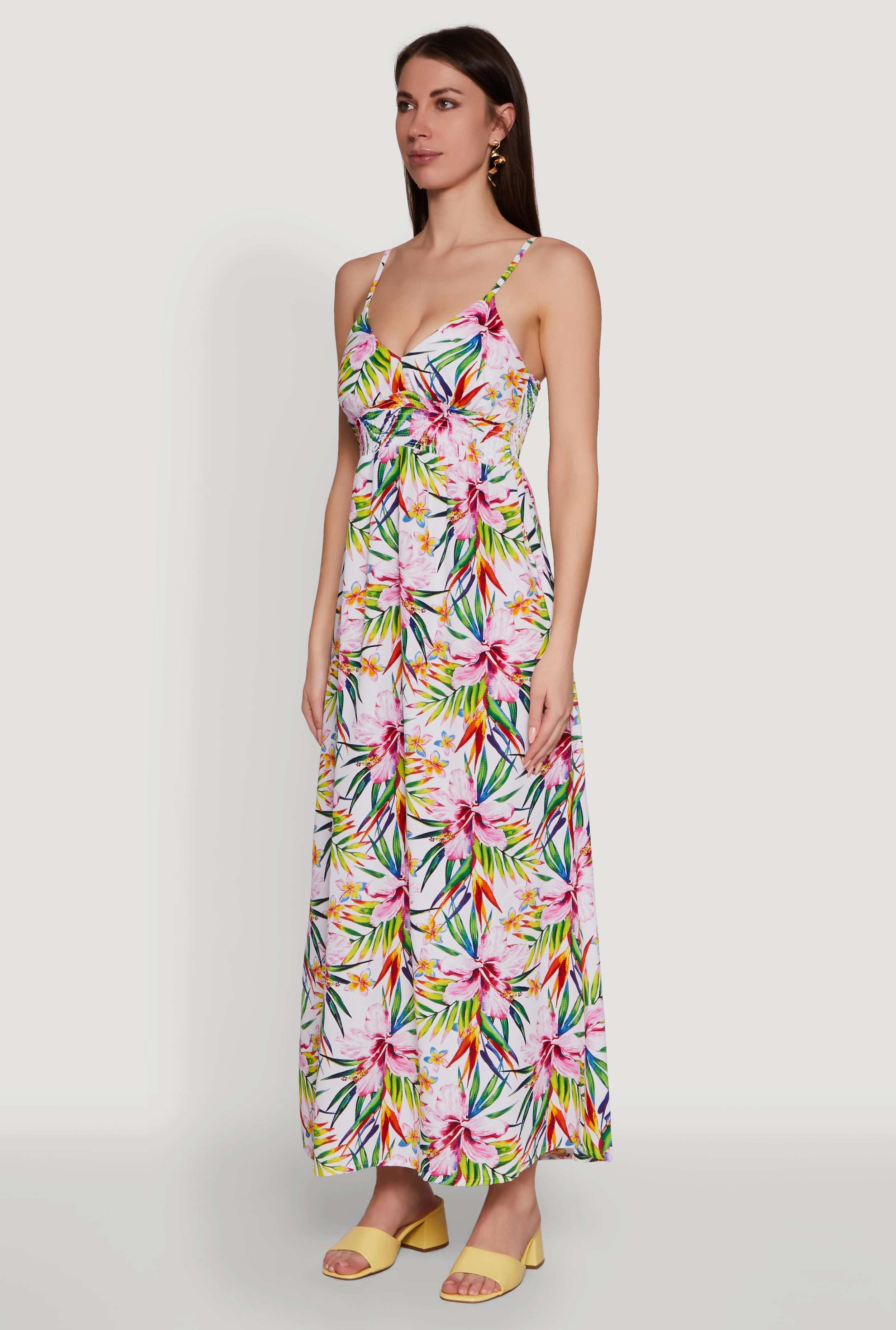 Light and Comfortable Perfect Fit Tropical Floral Maxi Dress with V Neck and Smocked Details