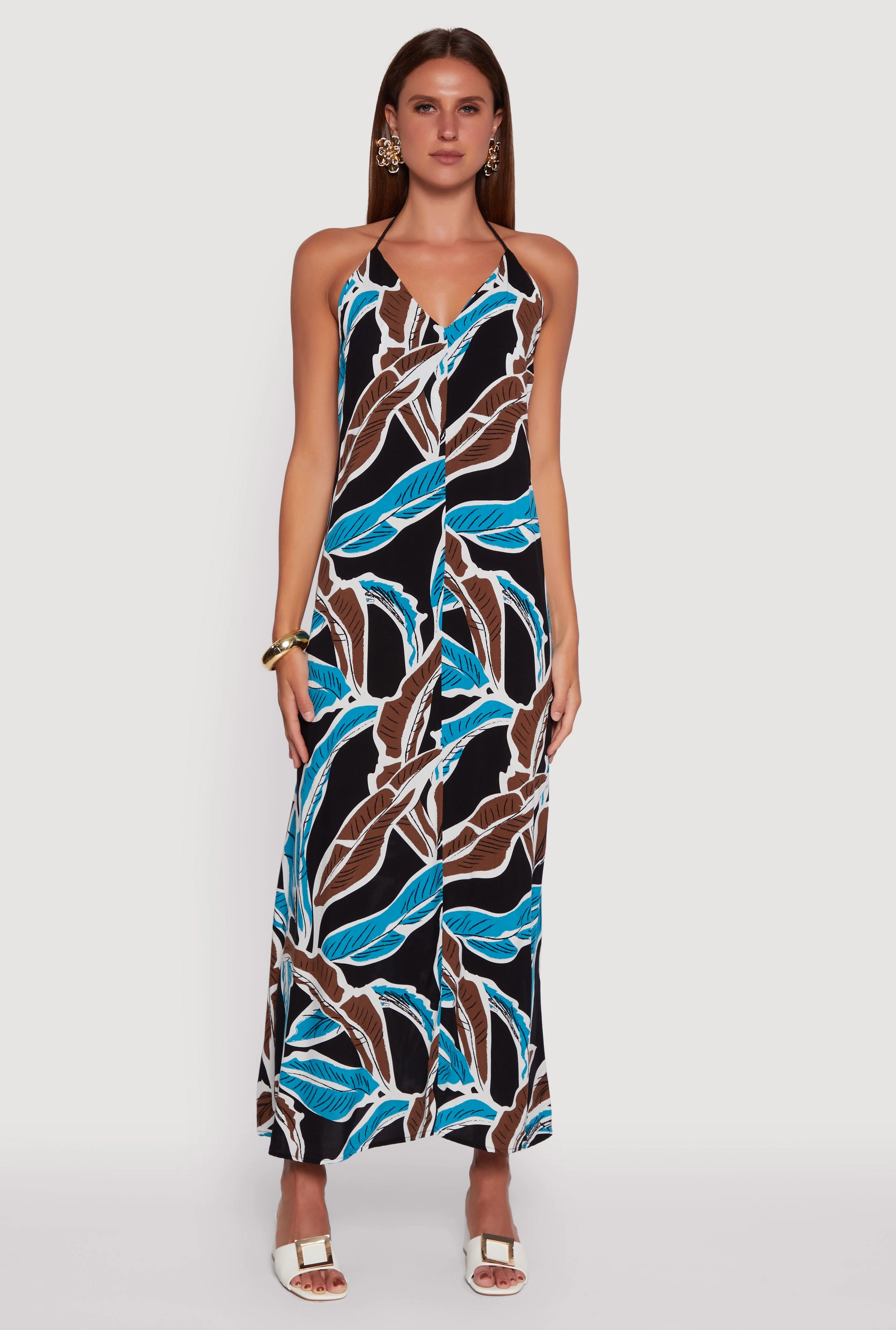 Smart Look Wool-Blend Tropical Leaf Print Rope Strap Halter Maxi Dress